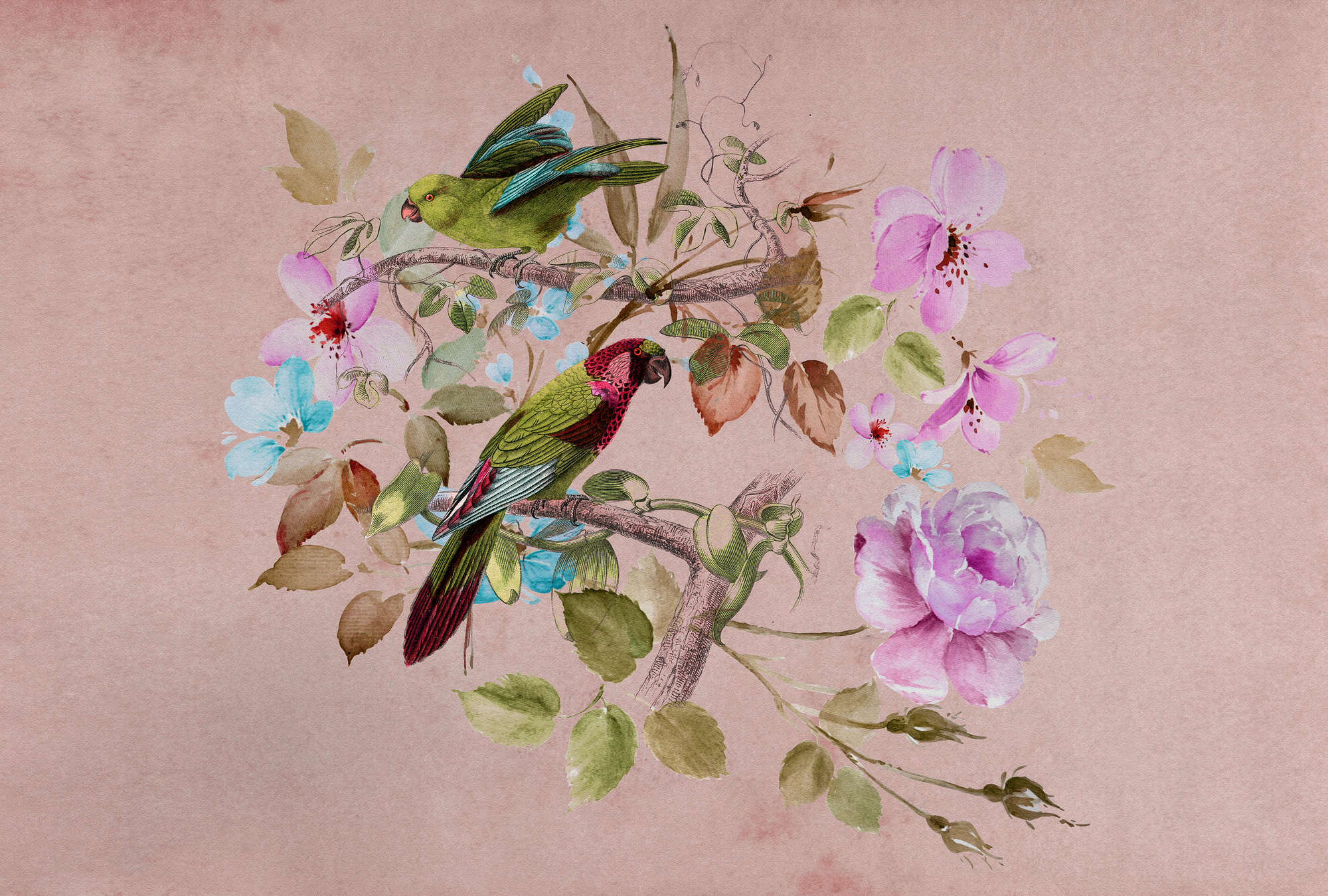             Love Nest 2 – Vintage Fototapete Rosa Aquarell Blumen & buntem Vogel
        