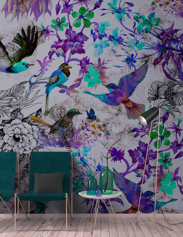             Violette Fototapete mit Blumen & Vögeln – Blau, Grau
        