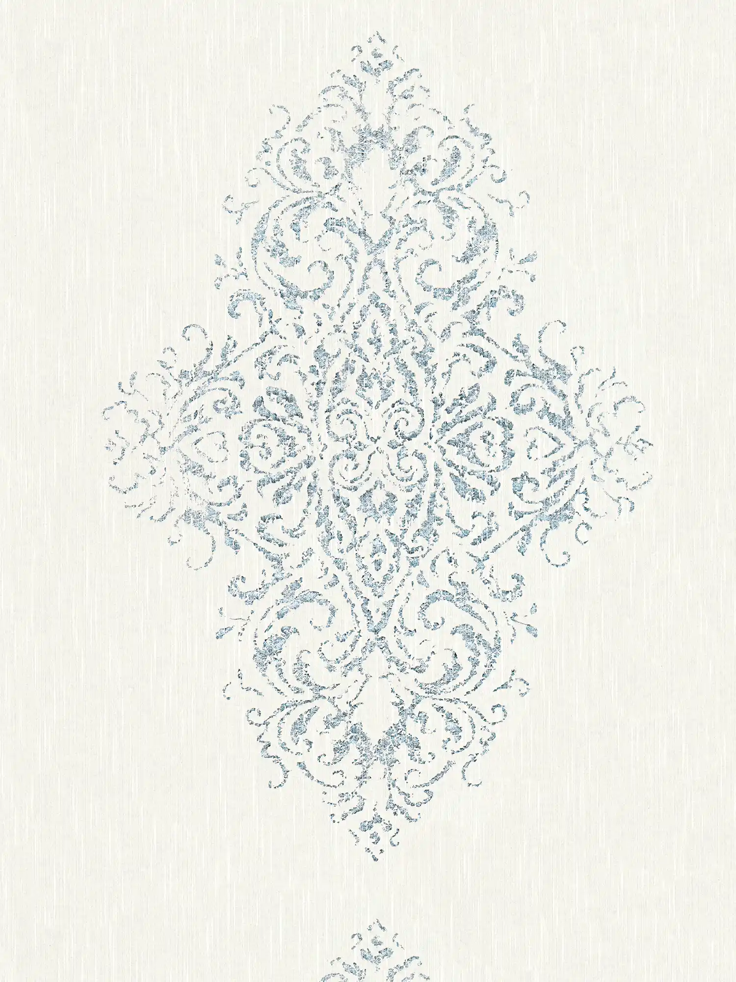 Ornament-Tapete mit Metallic-Effekt im Used-Look – Weiß, Silber, Blau
