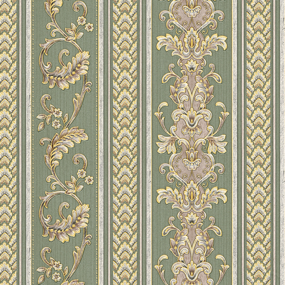             Tapete gestreift mit Barock-Ornamenten – Gold, Grün
        