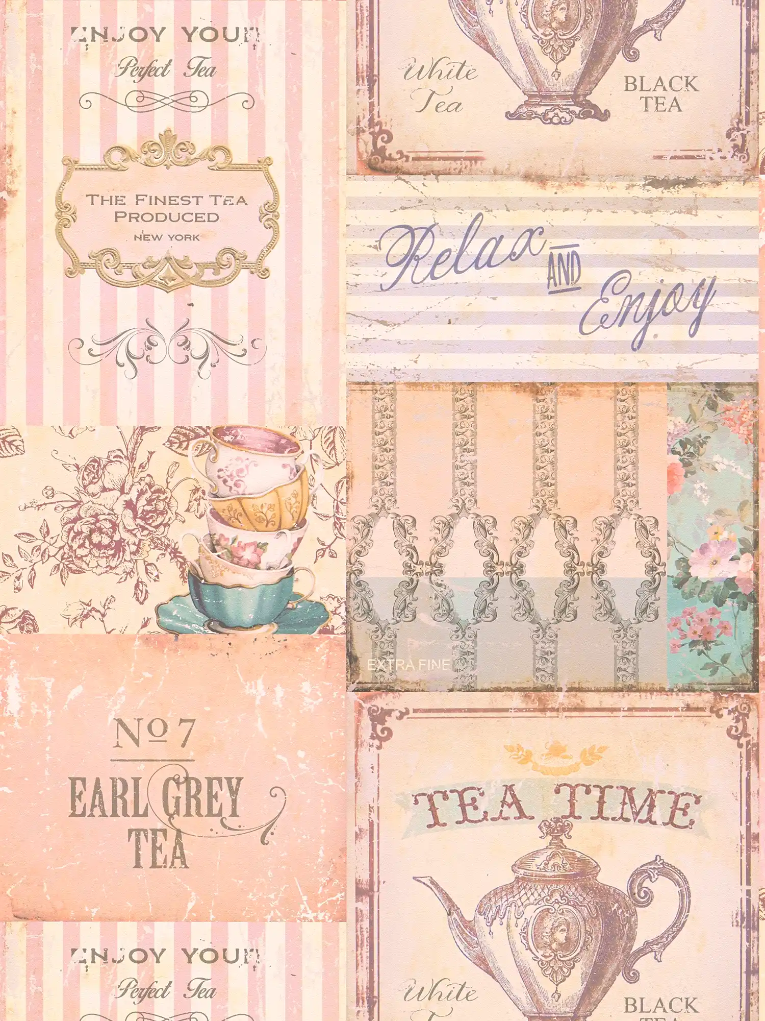 Küchentapete Tea Time Collage im Landhaus Stil – Rosa, Grau, Blau
