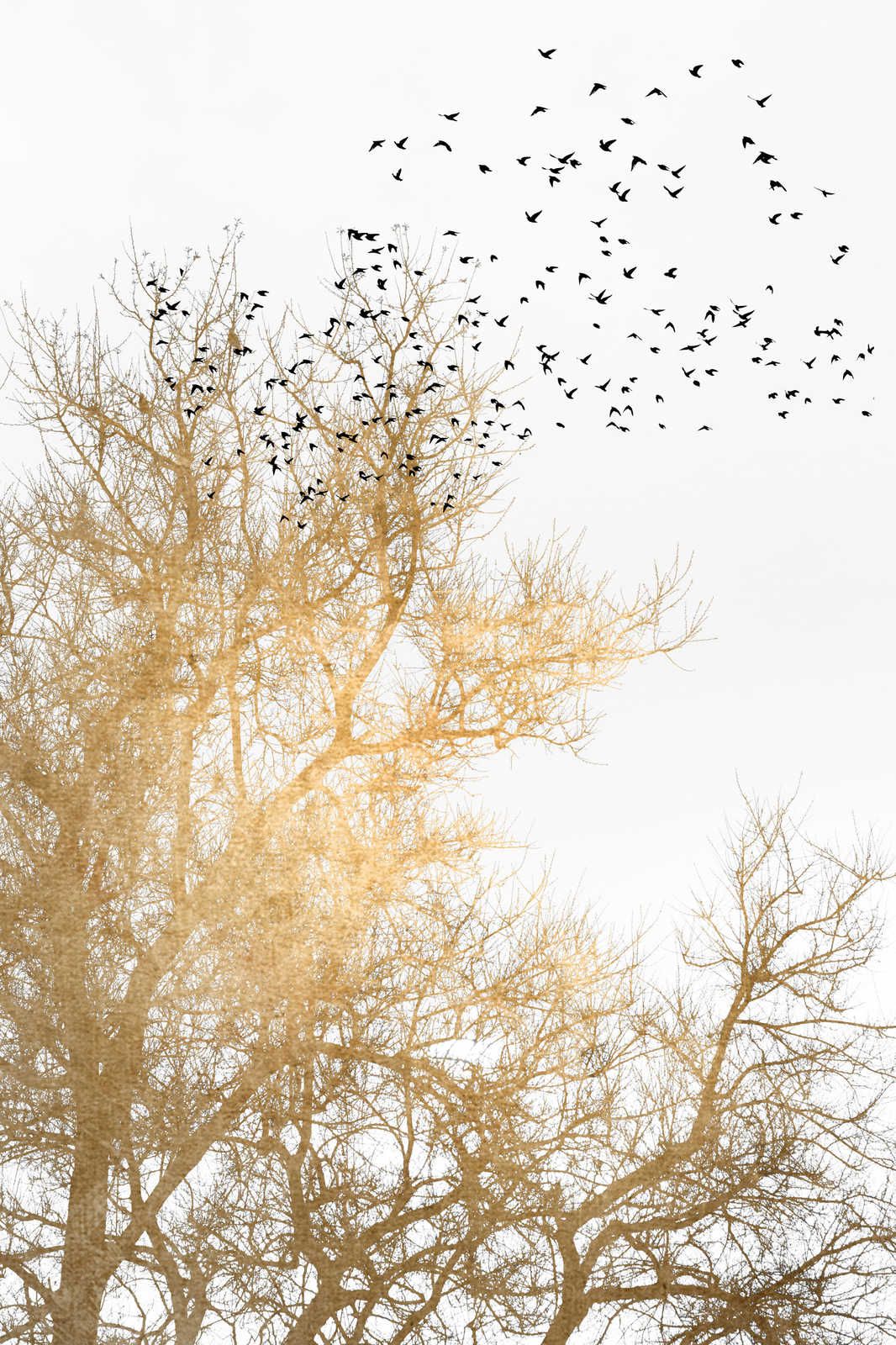             Leinwandbild mit goldenen Bäumen und Vogelschwarm – 0,90 m x 0,60 m
        