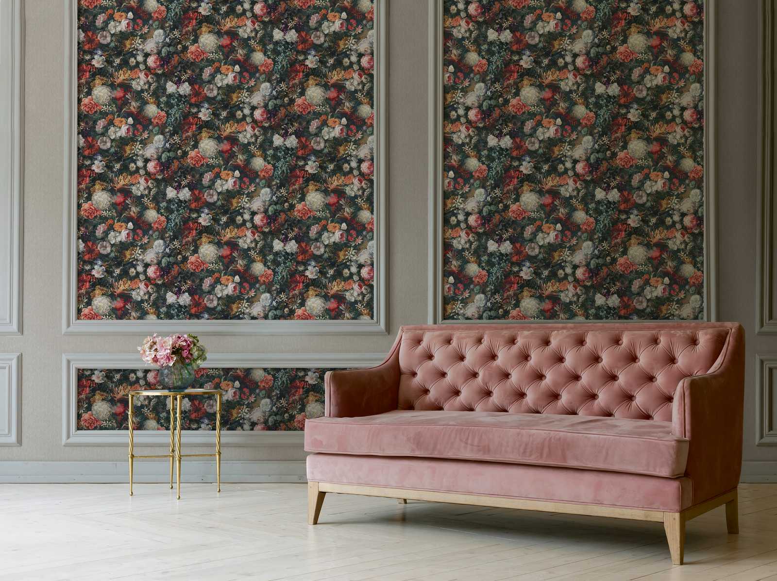             Blumen Tapete Vintage Design mit Rosen – Bunt, Grau, Orange
        