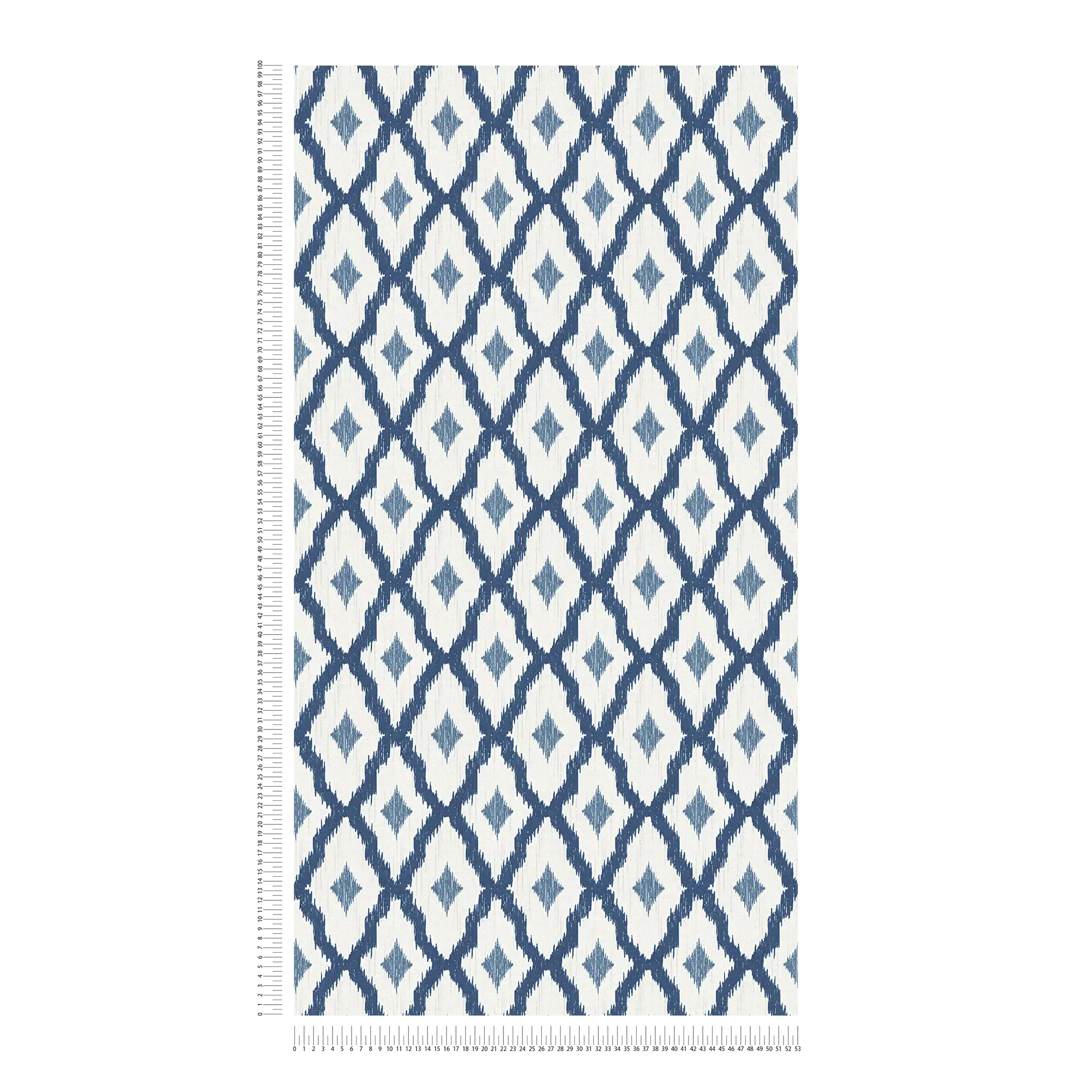             Vliestapete Ikat Muster mit Rauten Motiv – Blau, Weiß
        