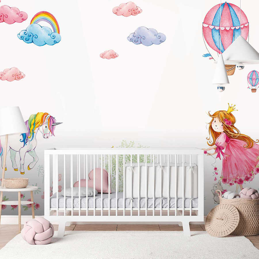 Fototapete Kinderzimmer mit Prinzessin und Einhorn – Pink, Bunt, Weiß
