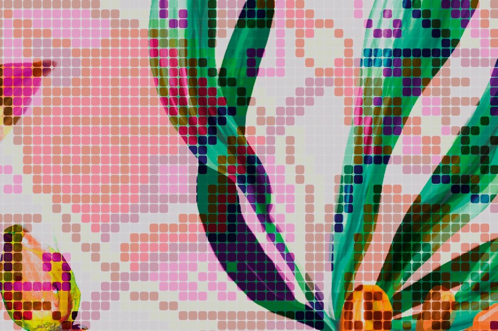             Blumen Fototapete mit Mosaik Design – Rosa, Lila
        