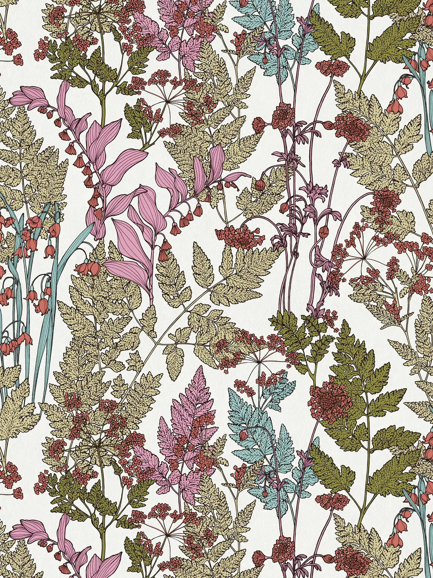         Tapete Blätter & Blumen Design im modern Botanical Stil – Bunt, Grün, Blau
    