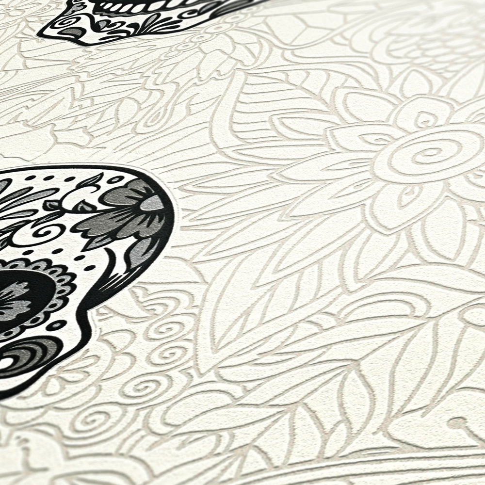             Totenkopf Tapete mit Blumen, Dia De Muertos Dekor – Schwarz, Weiß
        
