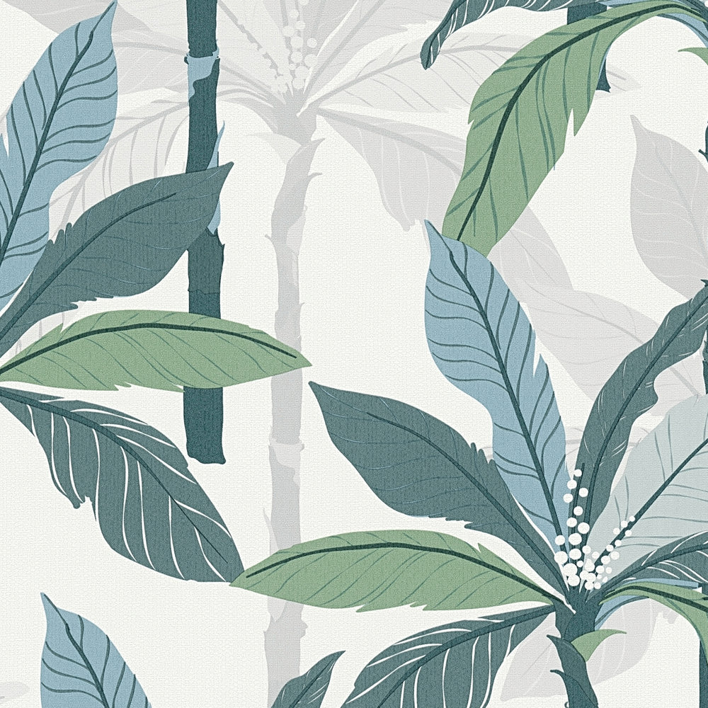             Tropen Tapete mit Palmen-Design - Blau, Grün, Weiß
        