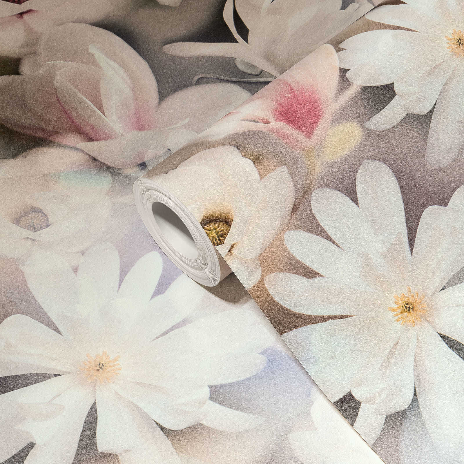             Tapete Blumen Collage in hellen Farben – Weiß, Rosa
        