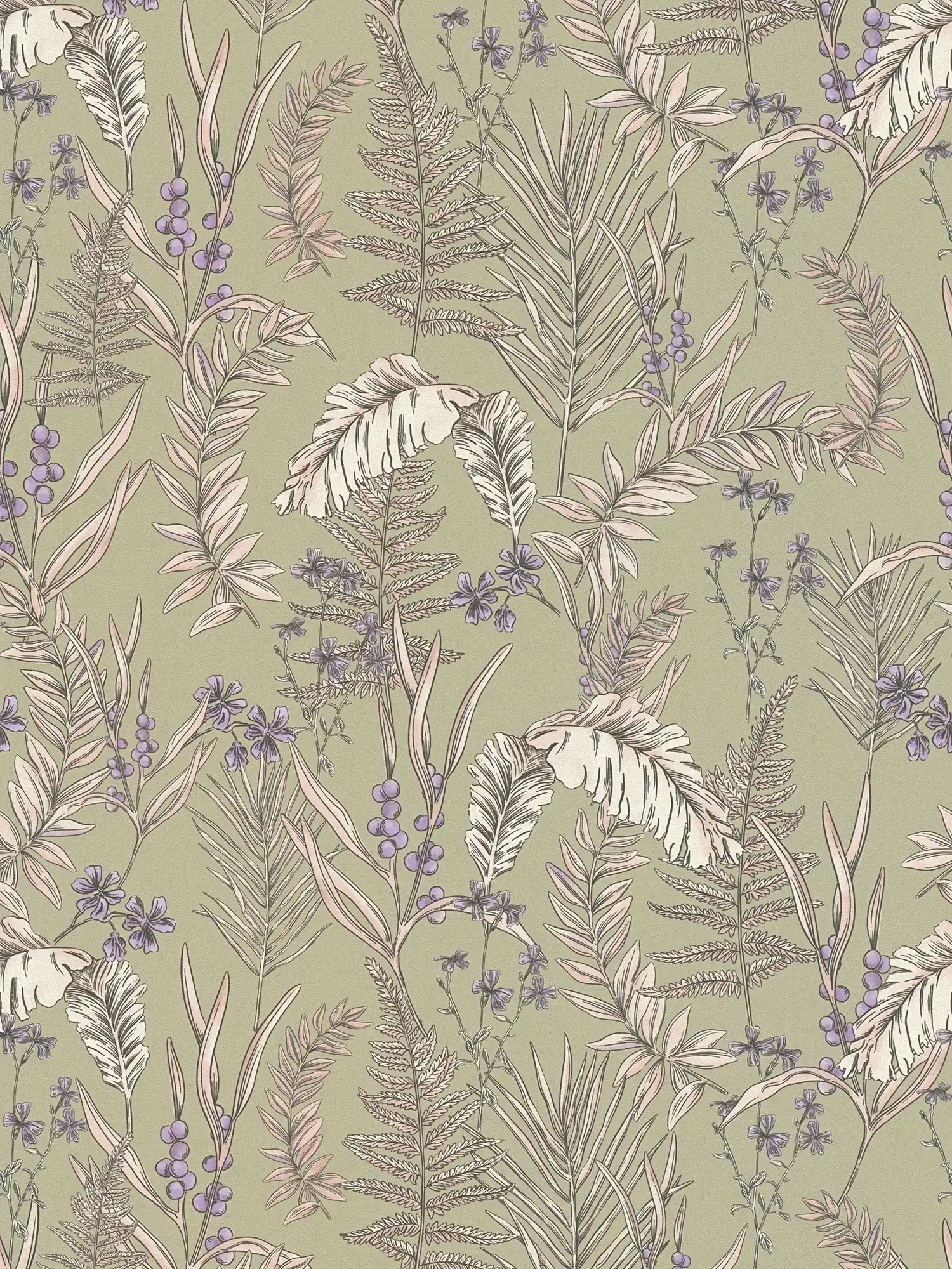 Moderne Tapete im floralen Stil mit Blättern & Blüten strukturiert – Grau, Creme, Lila
