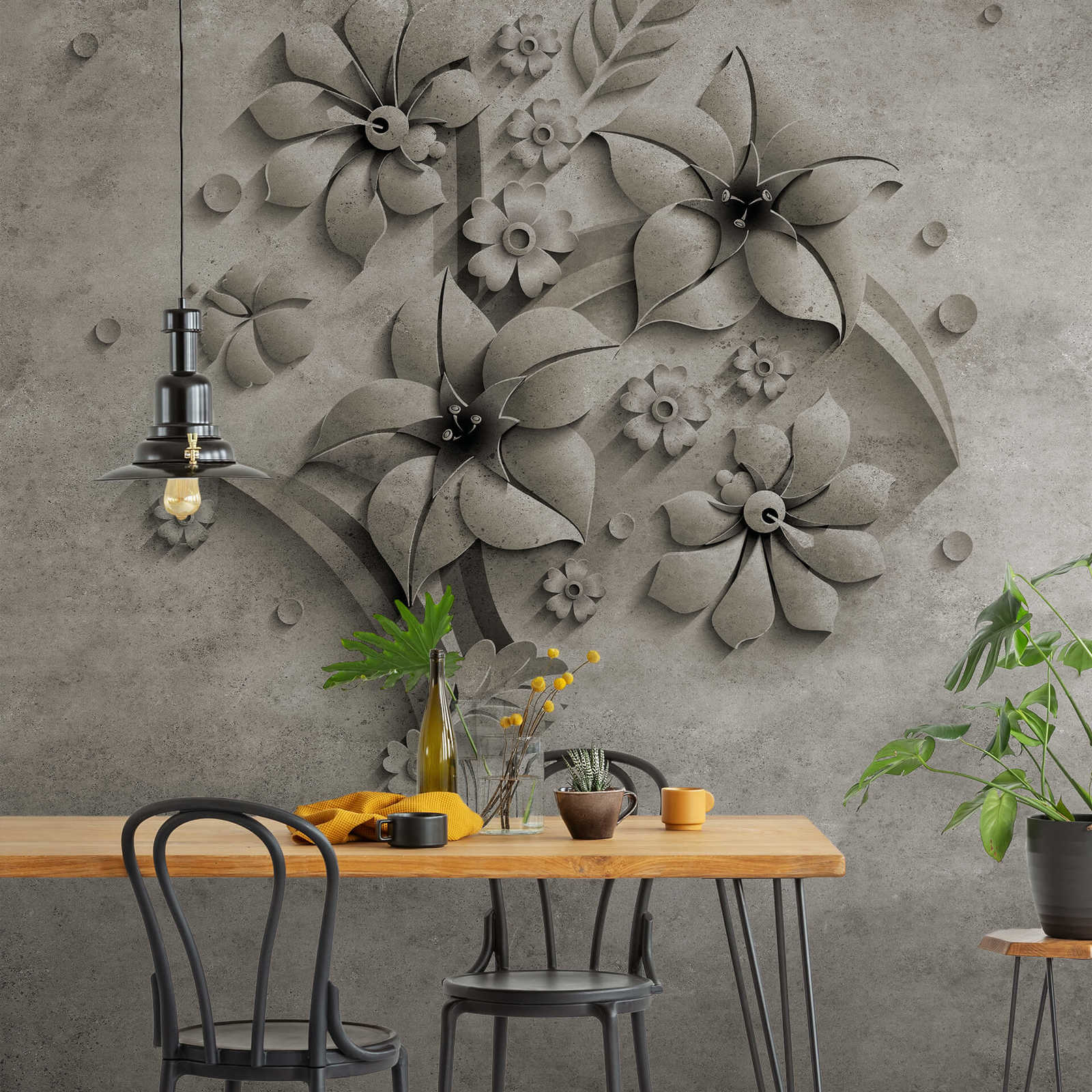            Fototapete Blumen auf Stein mit Betonoptik Design
        
