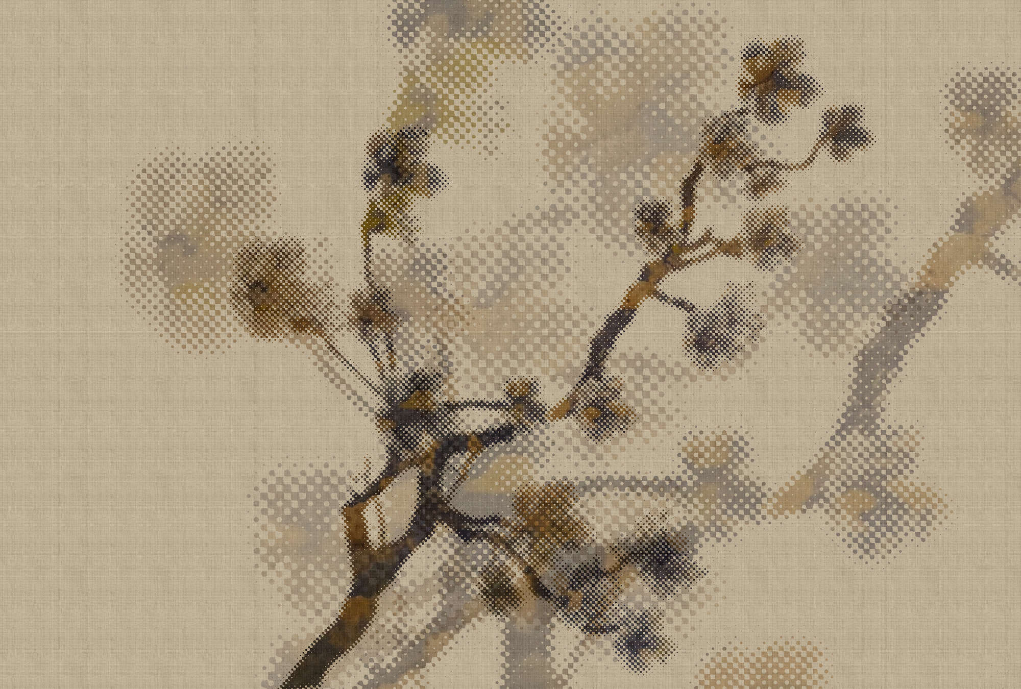             Twigs 2 - Fototapete in naturleinen Struktur mit Zweigmotiv & Pixeldesign – Beige | Premium Glattvlies
        