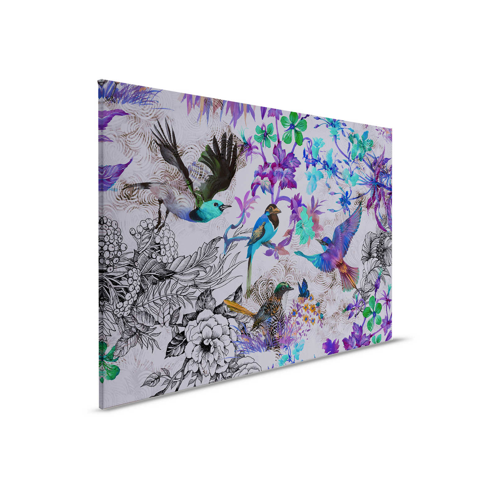 Violettes Leinwandbild mit Blumen & Vögeln – 0,90 m x 0,60 m
