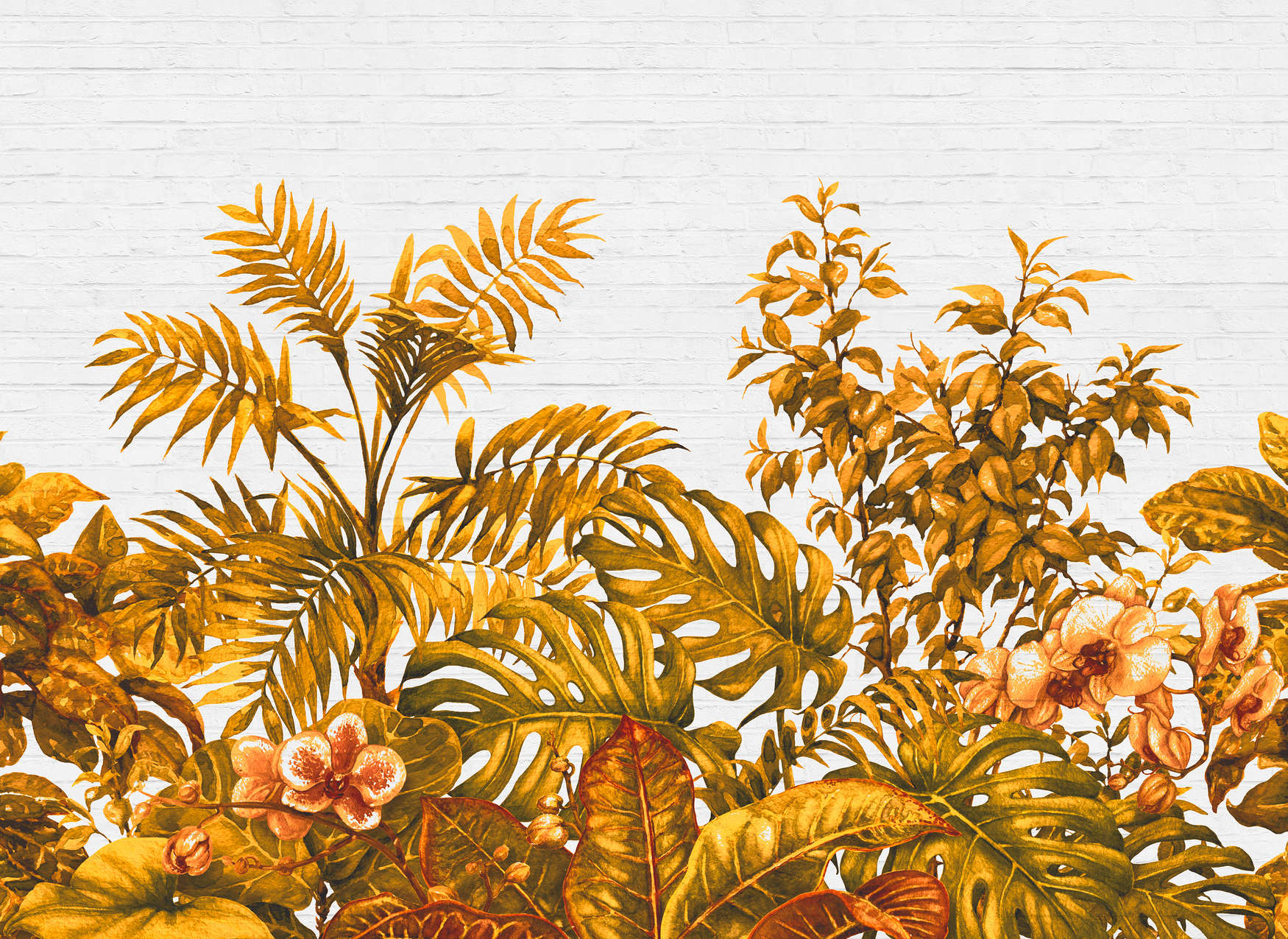             Fototapete Dschungelpflanzen & Steinwand – Orange, Weiß
        