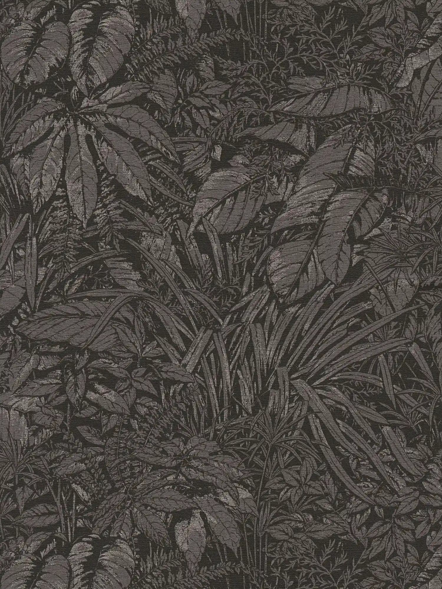 Florale Vliestapete mit Dschungelbemusterung – Schwarz, Grau, Silber
