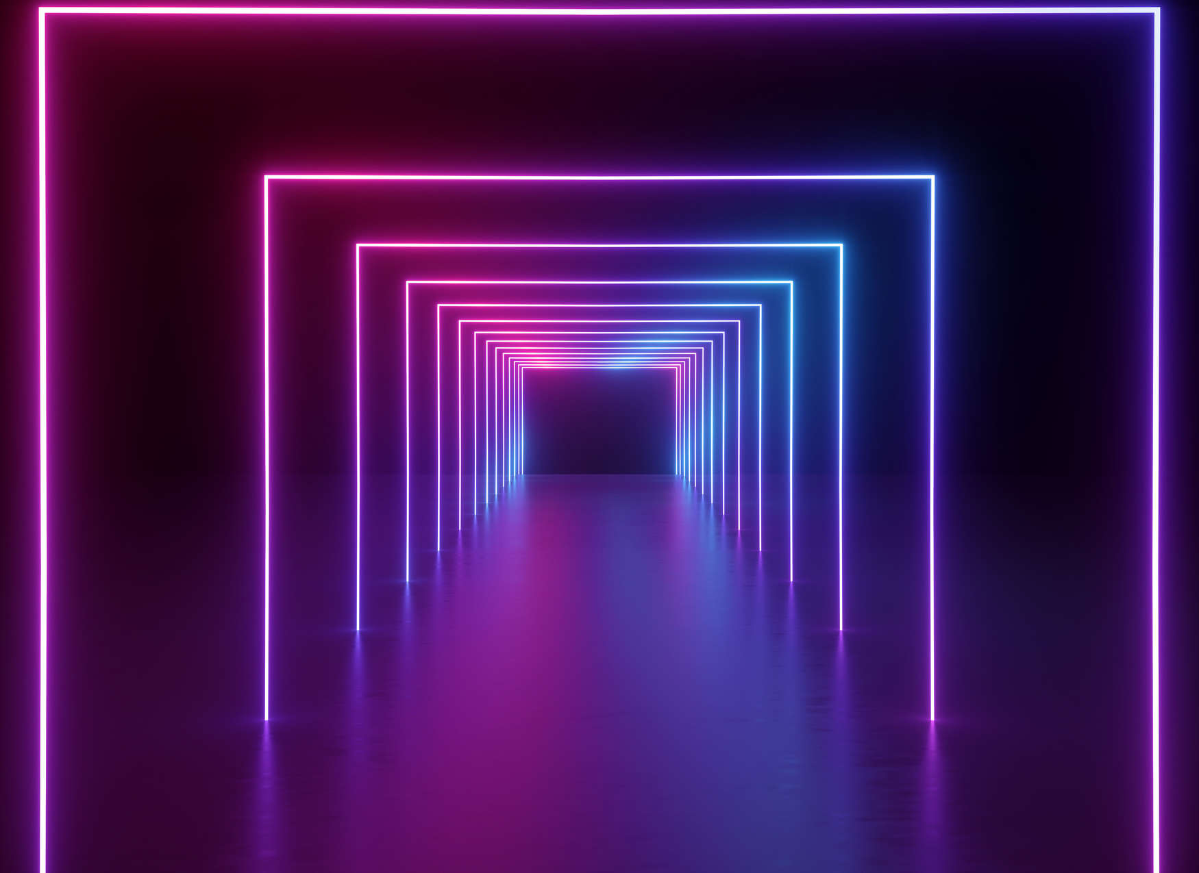            Fototapete Raum mit langem Gang LED Farben – Lila, Blau, Neon
        