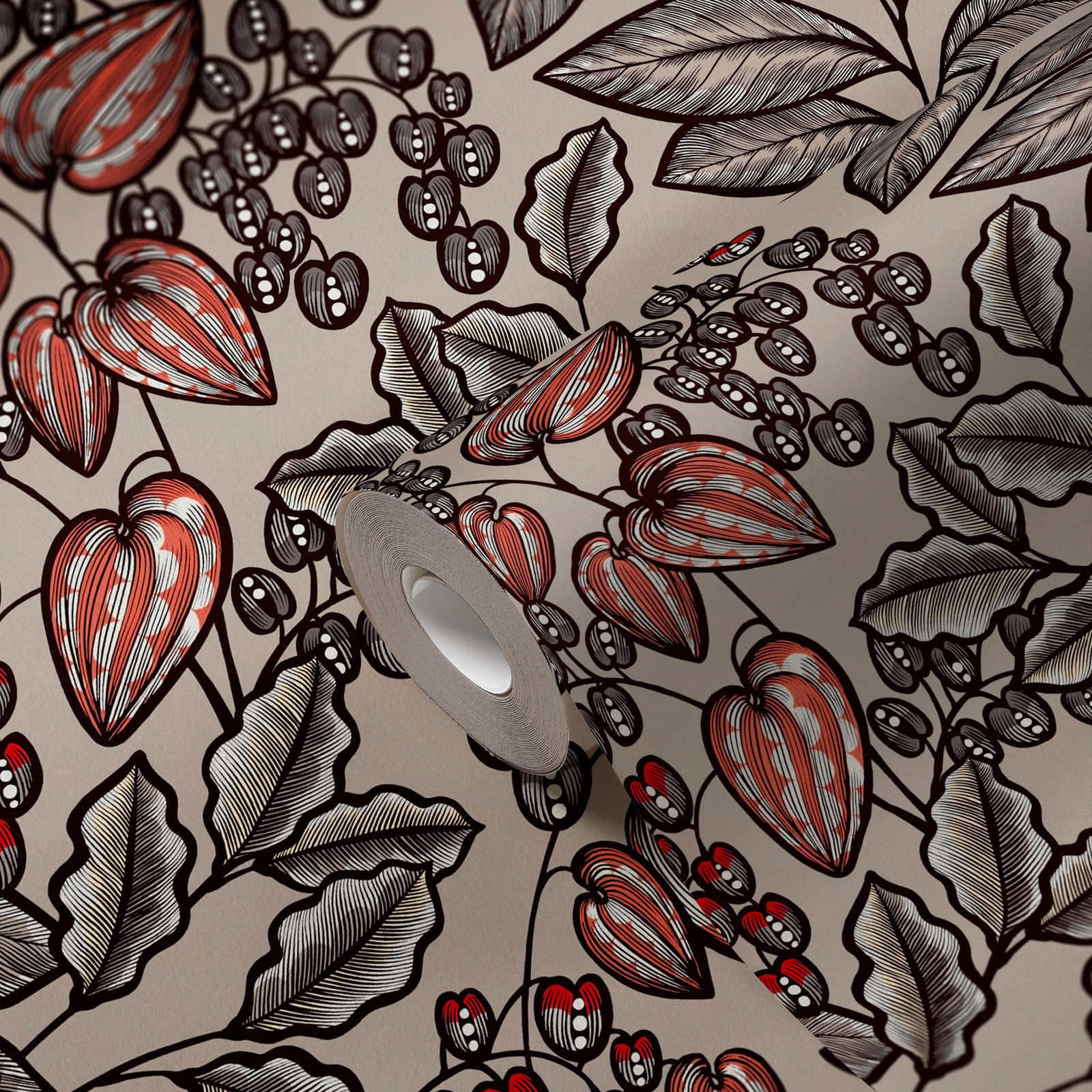             Tapete Greige modernes Blumen & Blätter Design – Braun, Grau, Rot
        