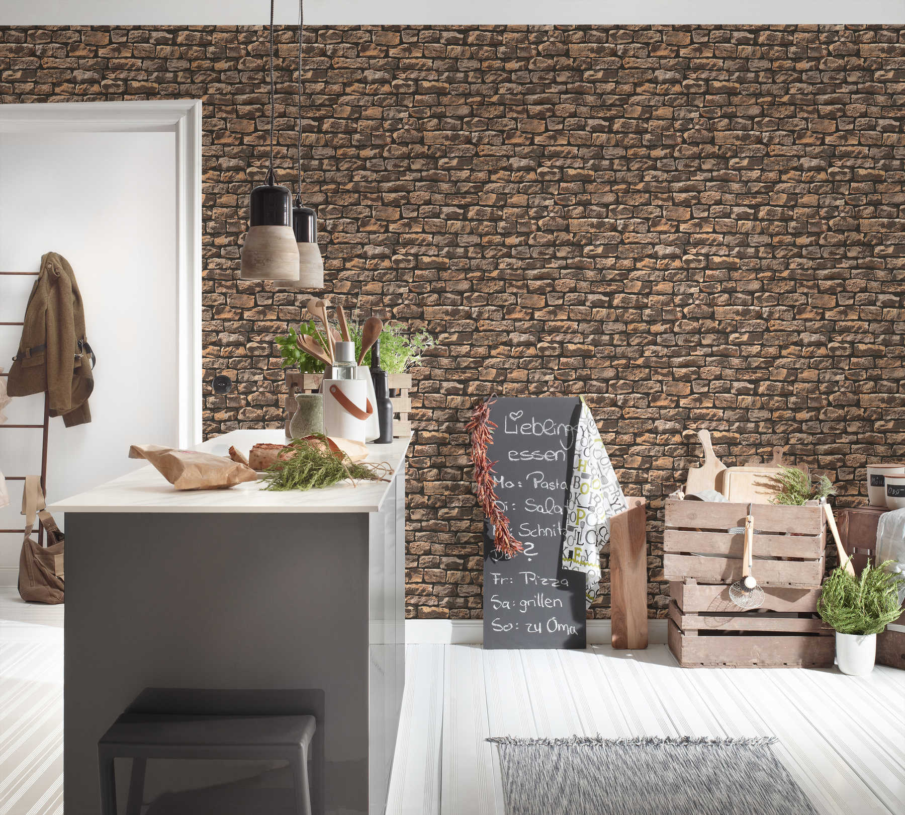             Mauerwerk-Tapete mit realistischen Natursteinen – Braun, Beige, Schwarz
        