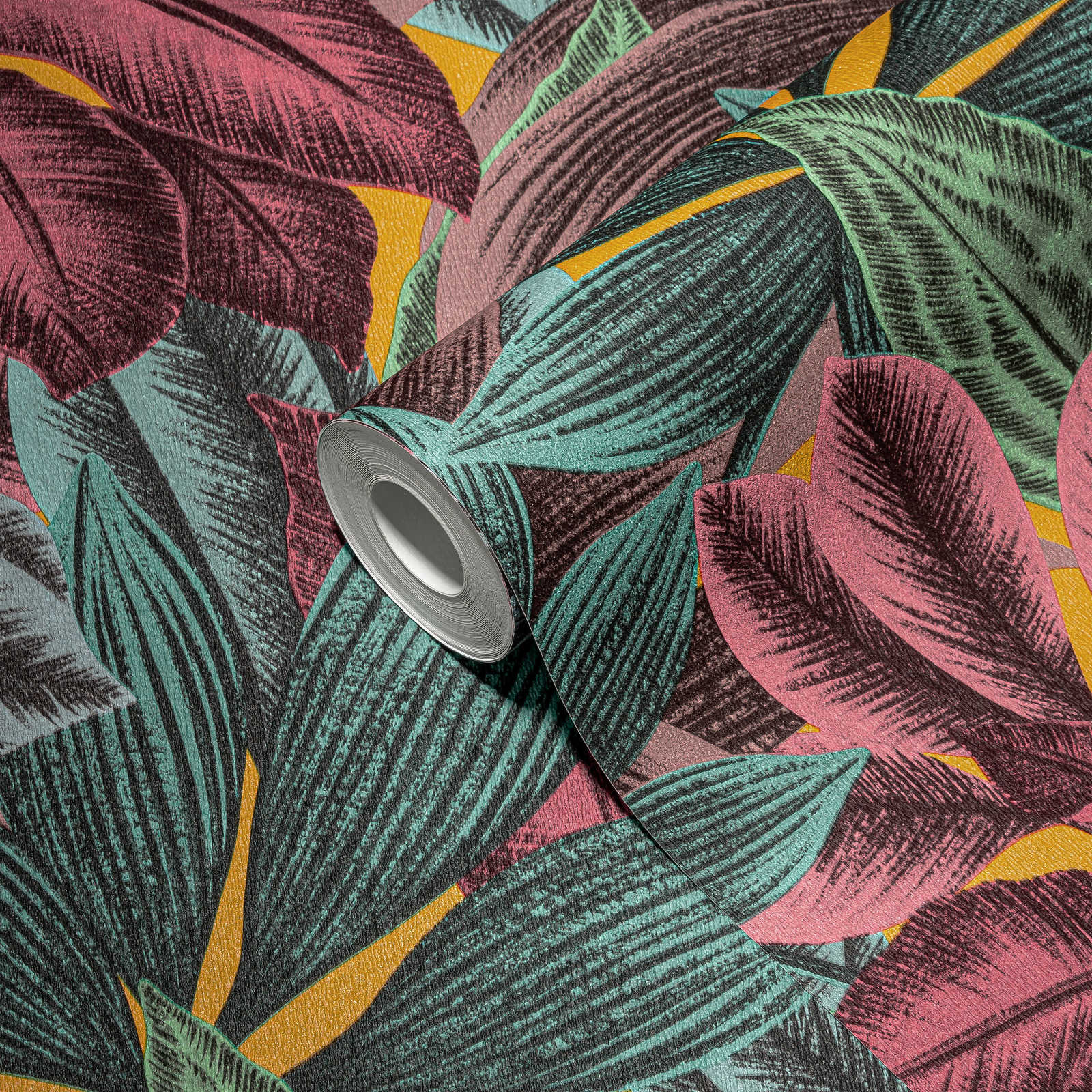             Vliestapete mit Blättermuster in bunten Farben – Bunt, Blau, Rosa
        