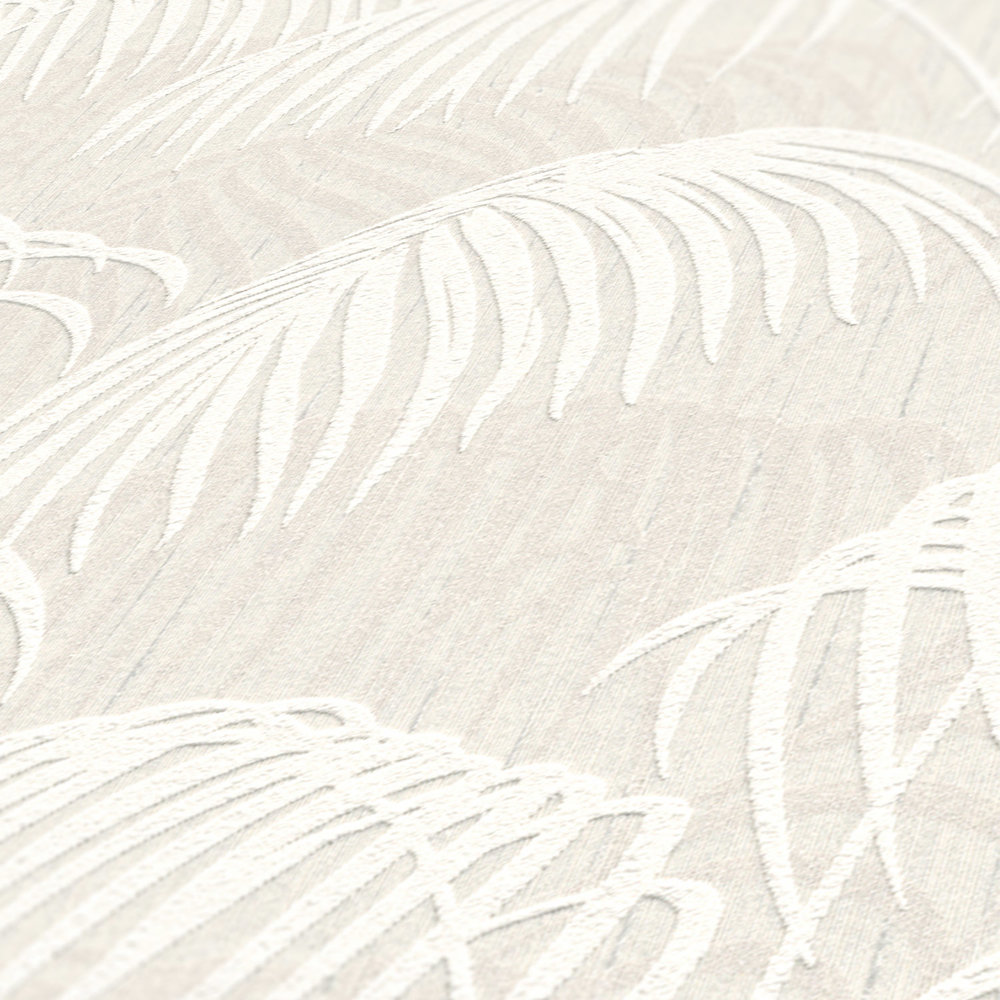             Blätter Tapete mit Farnen & 3D Struktur – Creme
        
