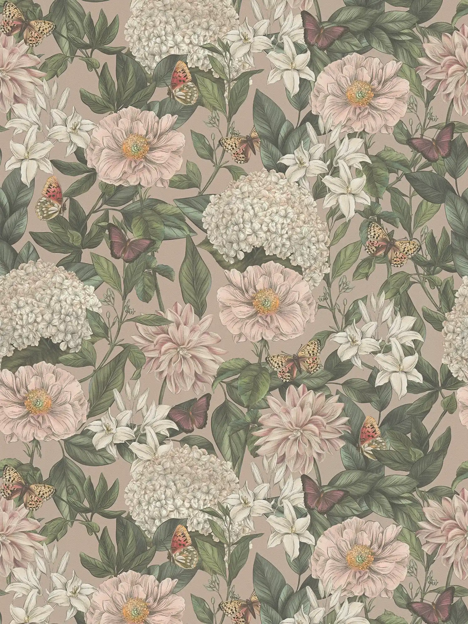 Florale Tapete modern mit Tieren & Blumen strukturiert matt – Rosa, Grün, Weiß
