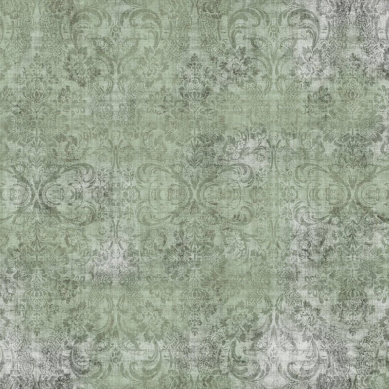 Old damask 2 - Ornamente auf grün-melierter Fototapete- Naturleinen Struktur – Grün | Premium Glattvlies
