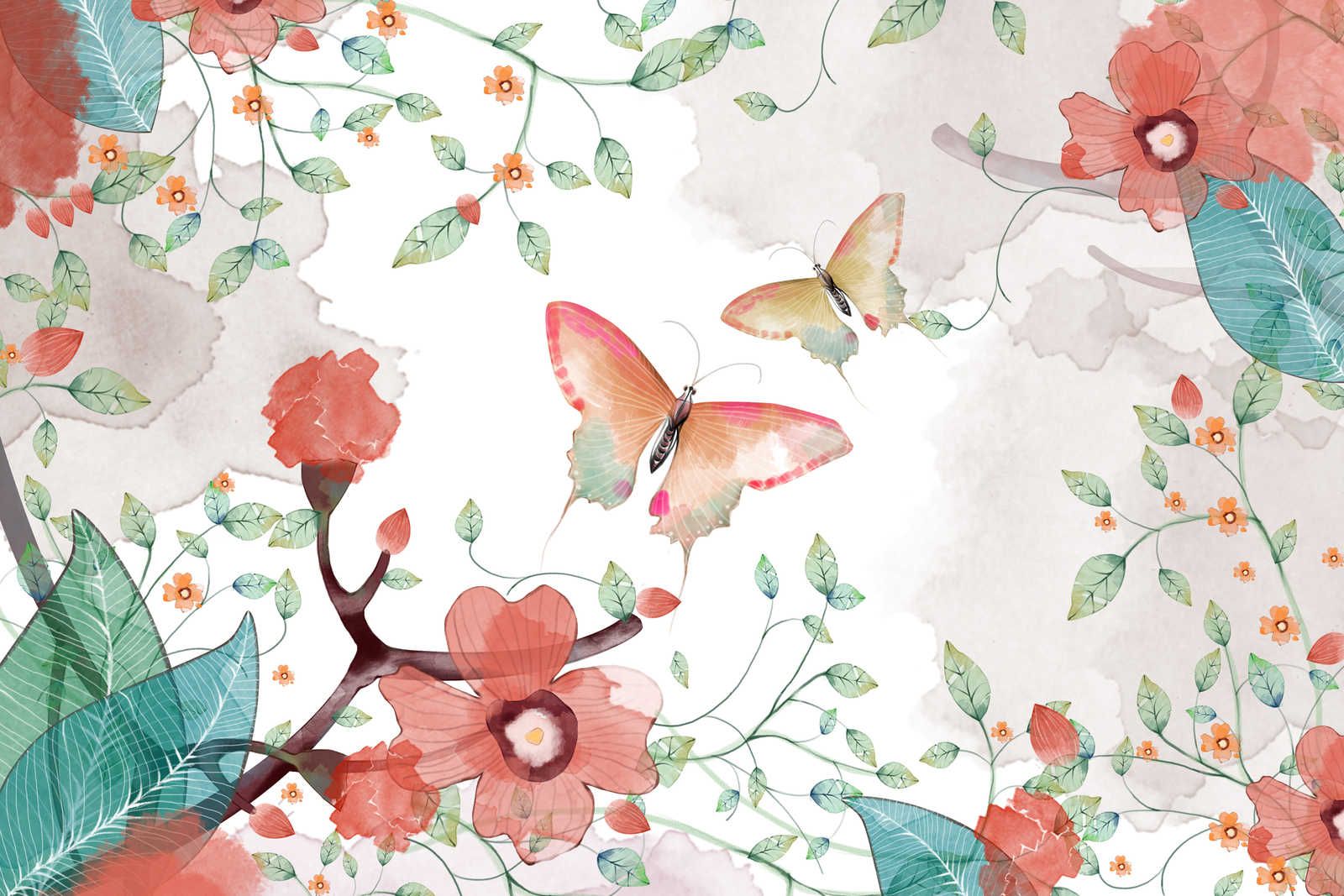             Leinwand floral mit Blättern und Schmetterlingen – 90 cm x 60 cm
        