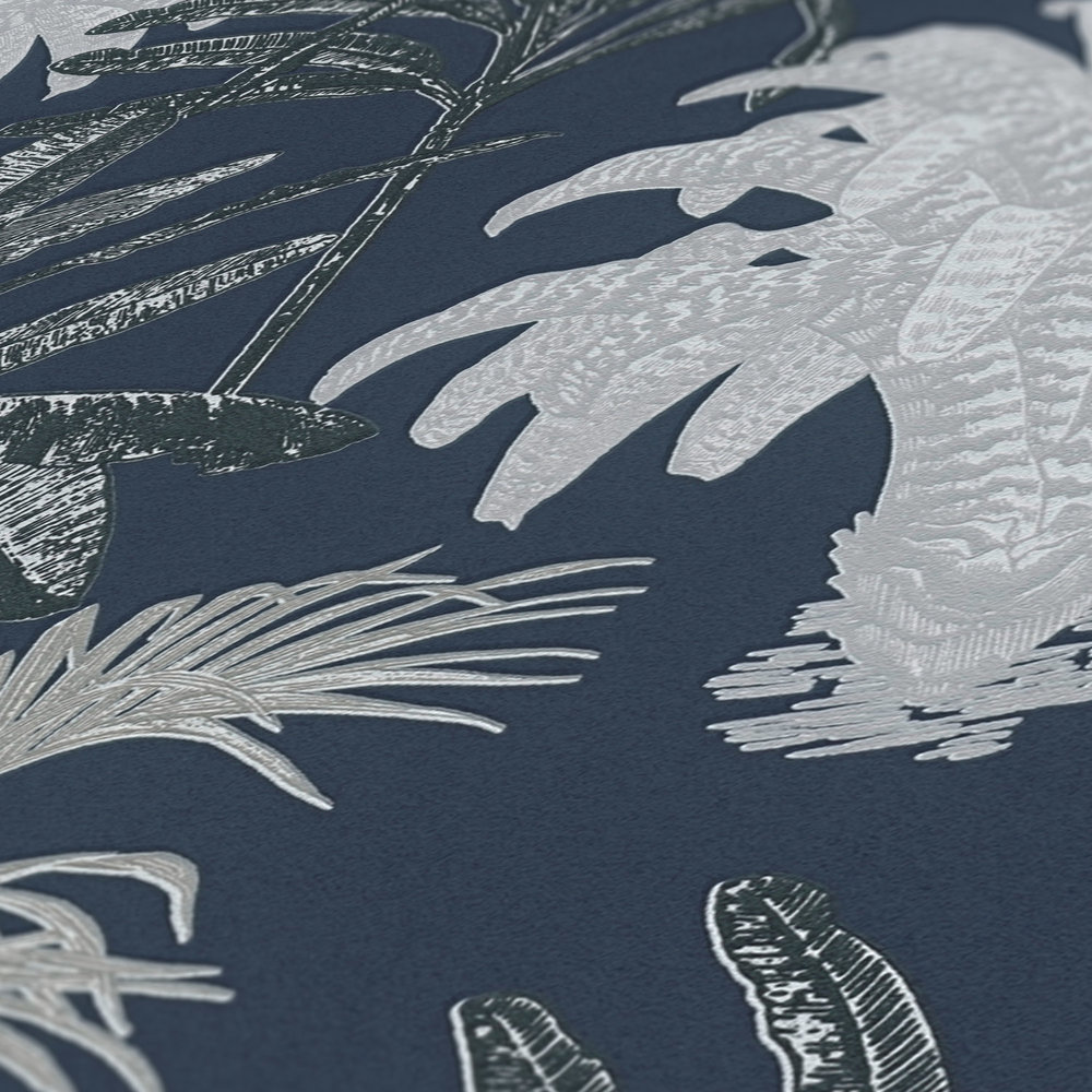             Palmen Tapete MICHASLKY Dunkelblau mit Strukturmuster – Blau, Grau
        