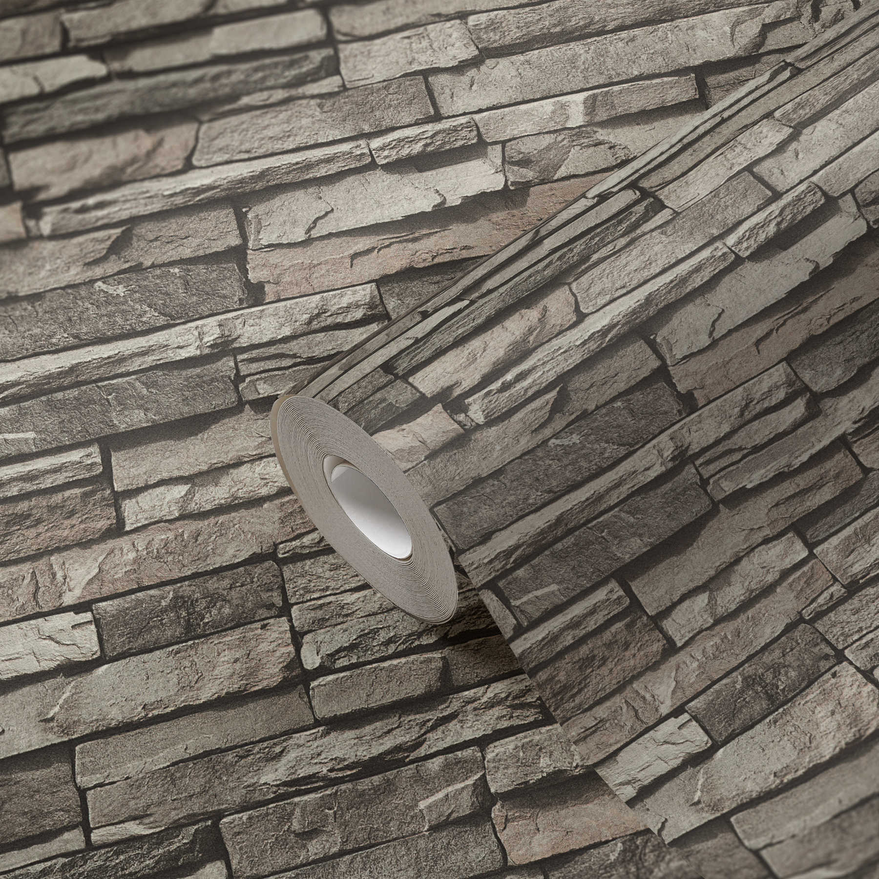             3D Tapete mit hellgrauem Steinmauer-Motiv – Grau, Creme, Schwarz
        