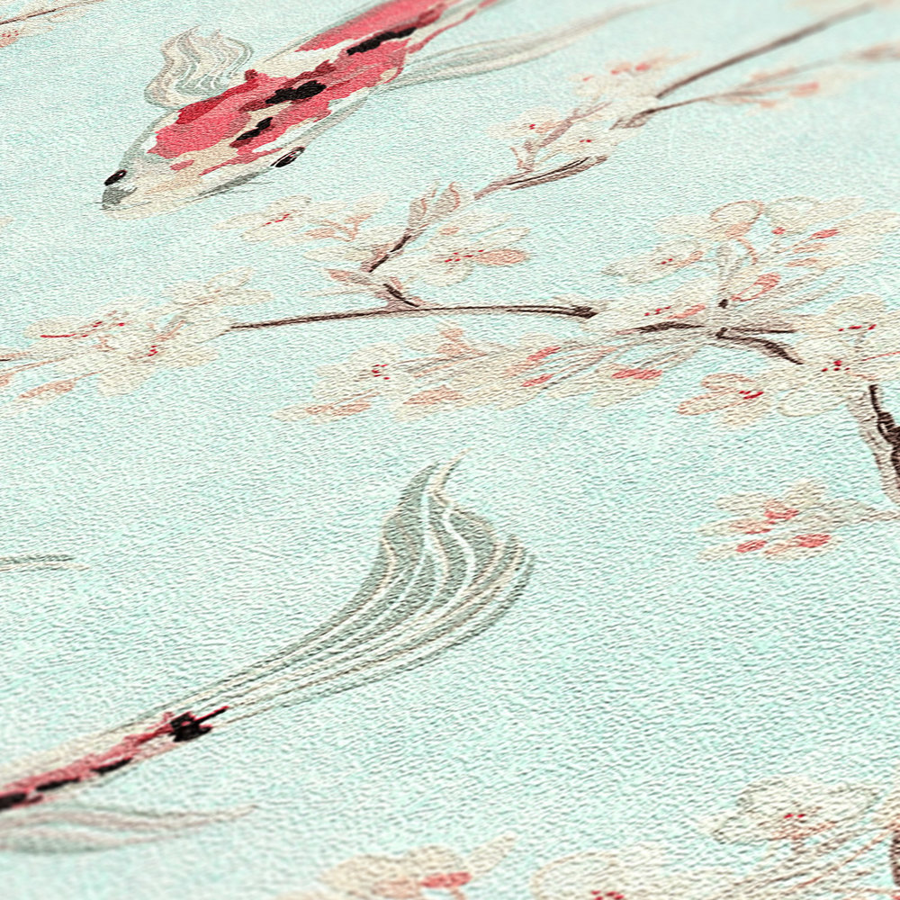             Vliestapete mit Koi-Muster im asiatischen Stil – Blau, Rot, Beige
        