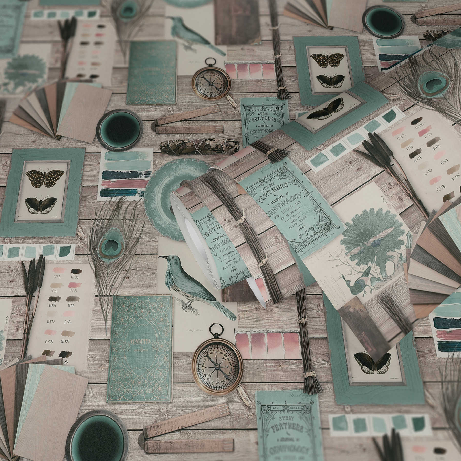             Vliestapete Vintage Collage mit Holzoptik – Blau, Braun
        