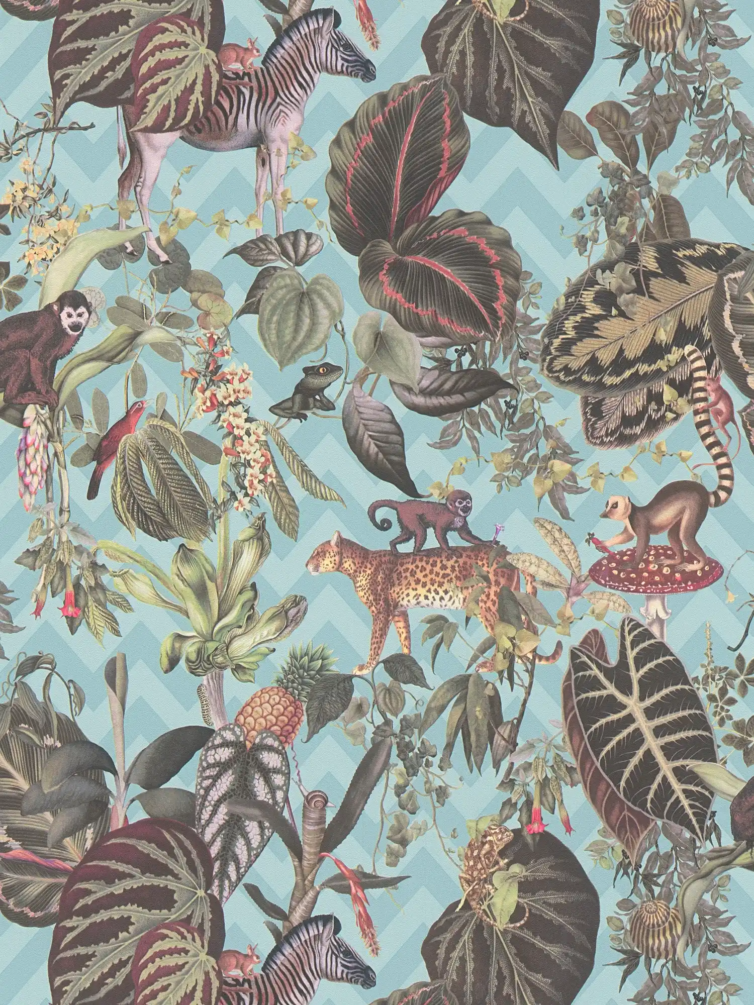 Designer Tapete MICHALSKY Dschungel Blätter & Tiere – Blau, Bunt, Grün
