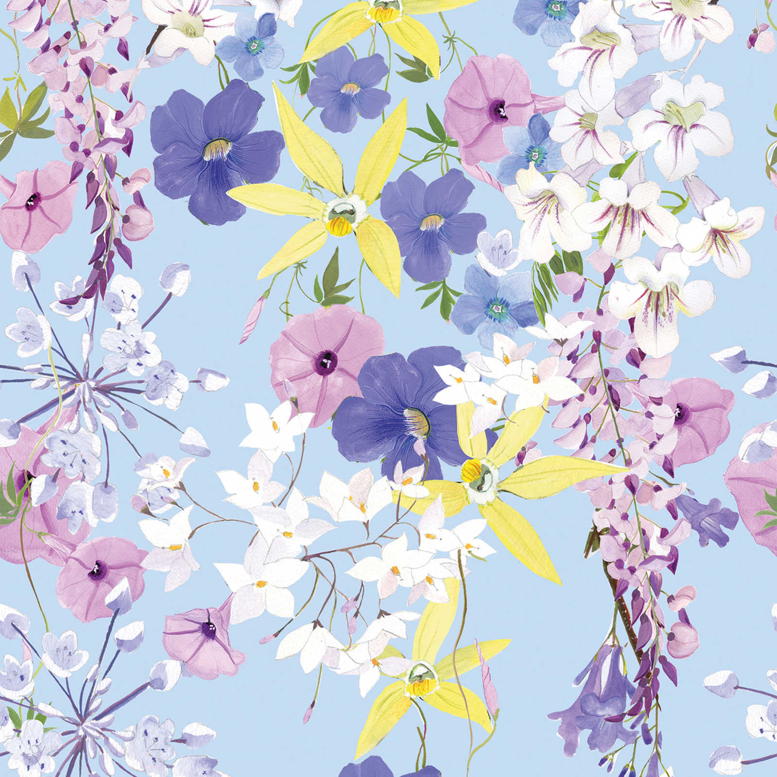 Blumenmotiv Tapete in kühlen Farben – Bunt, Flieder, Gelb
