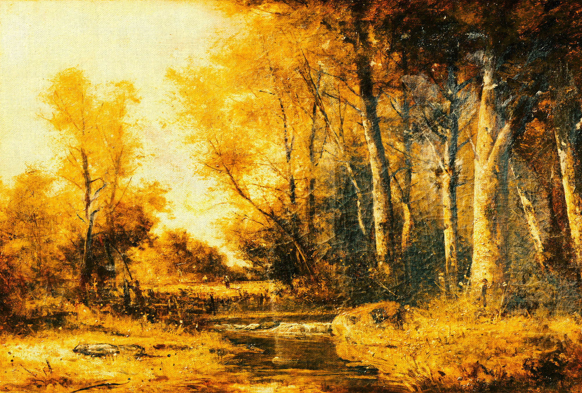             Fototapete Landschaft, Wald & Fluss im Kunststil – Gelb, Orange, Schwarz
        