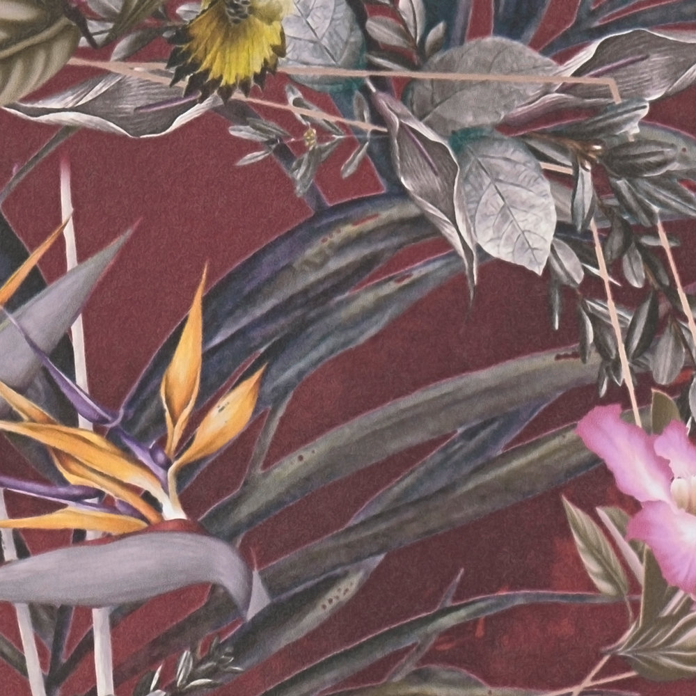             Blumentapete Hibiskus & Vögel im Hawaii Stil – Rot, Braun, Grün
        