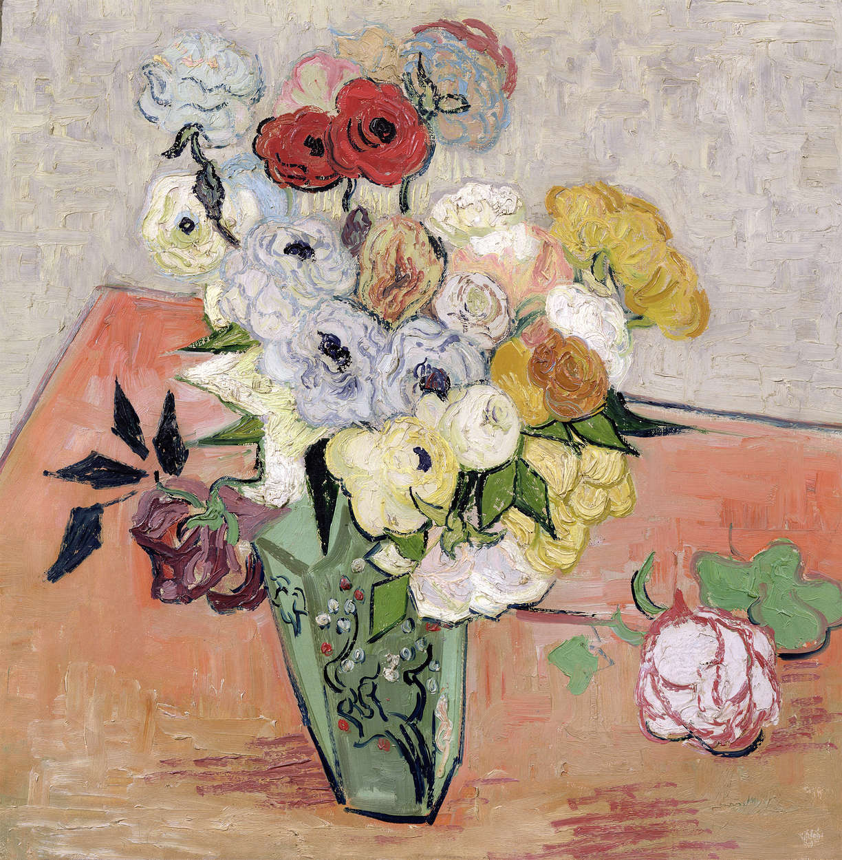             Fototapete "Stillleben mit japanischer Vase Rosen und Anemonen" von Vincent van Gogh
        