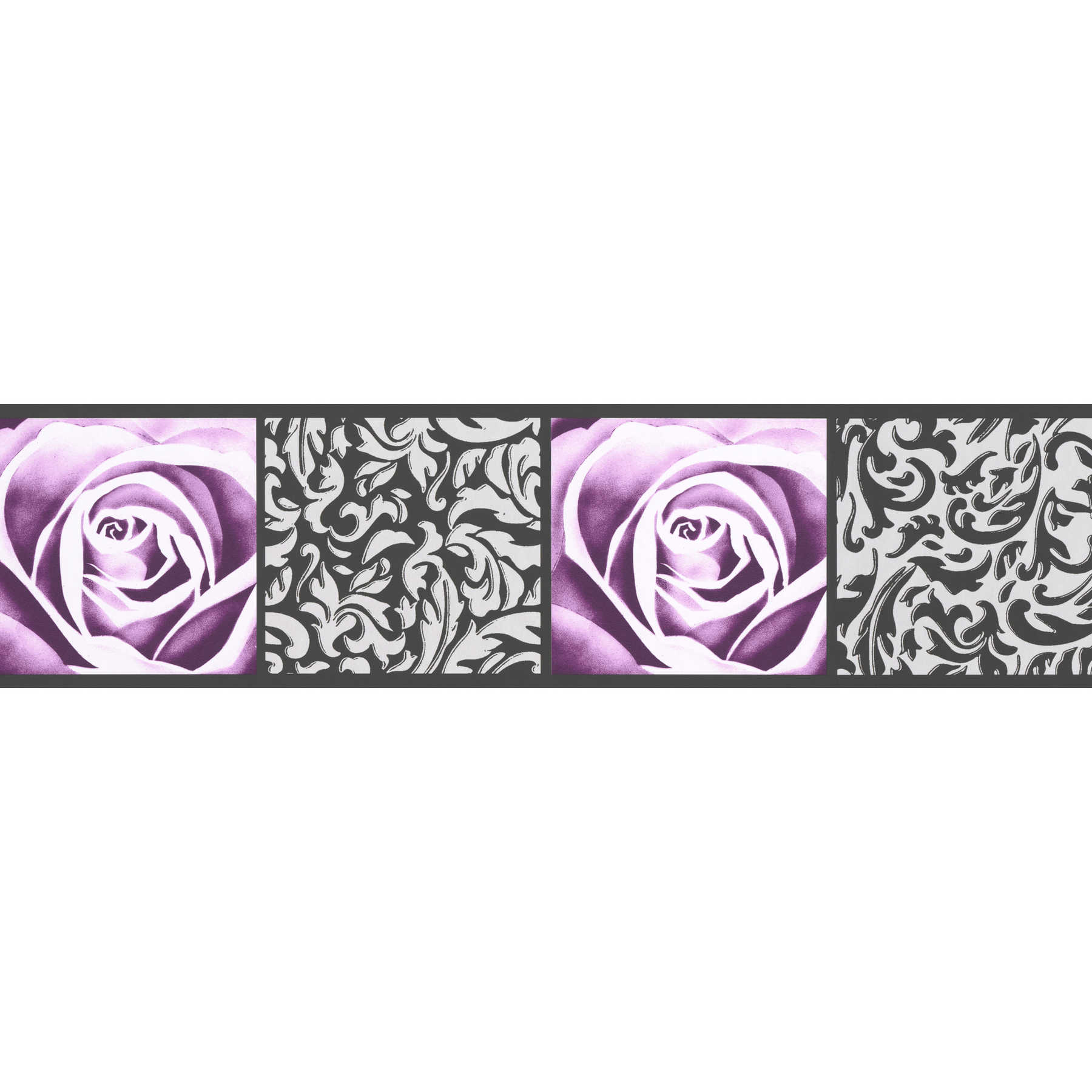 Tapetenborte mit Rosen & Ornament Design – Schwarz, Violett
