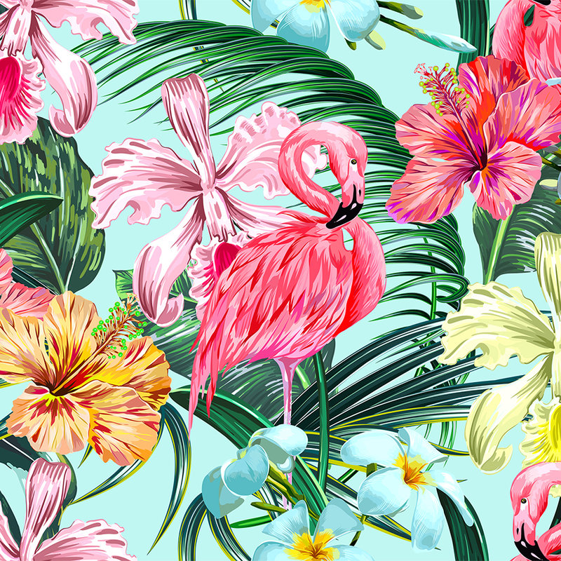 Tropische Fototapete mit Flamingo – Bunt, Blau, Grün
