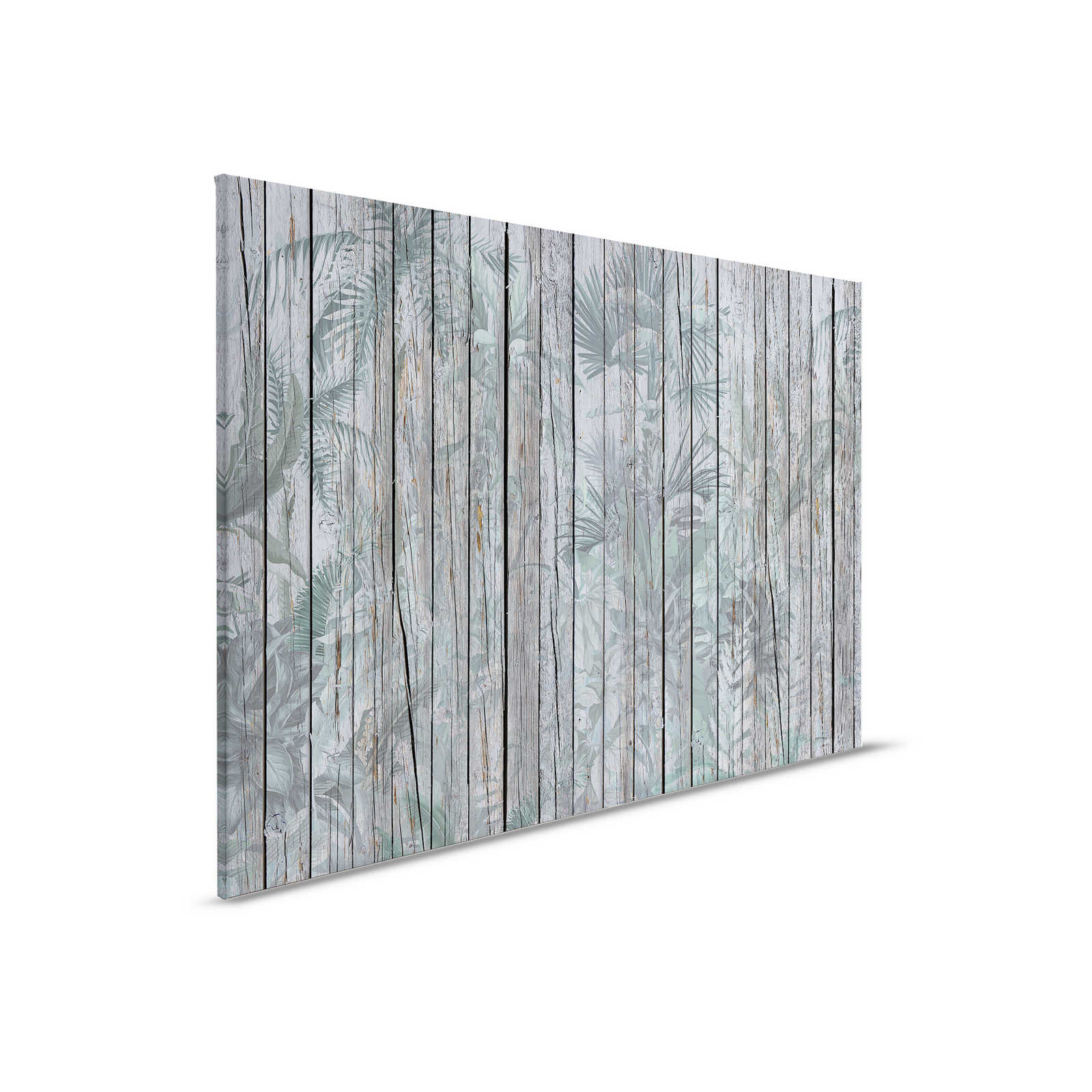 Leinwandbild Holzwand mit Dschungelpflanzen – 0,90 m x 0,60 m
