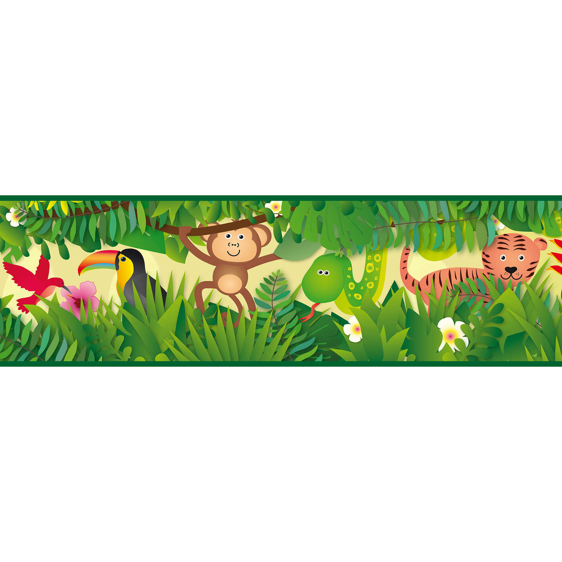 Jungen Tapete "Dschungel-Paradies" selbstklebende Borte – Grün, Braun, Rot
