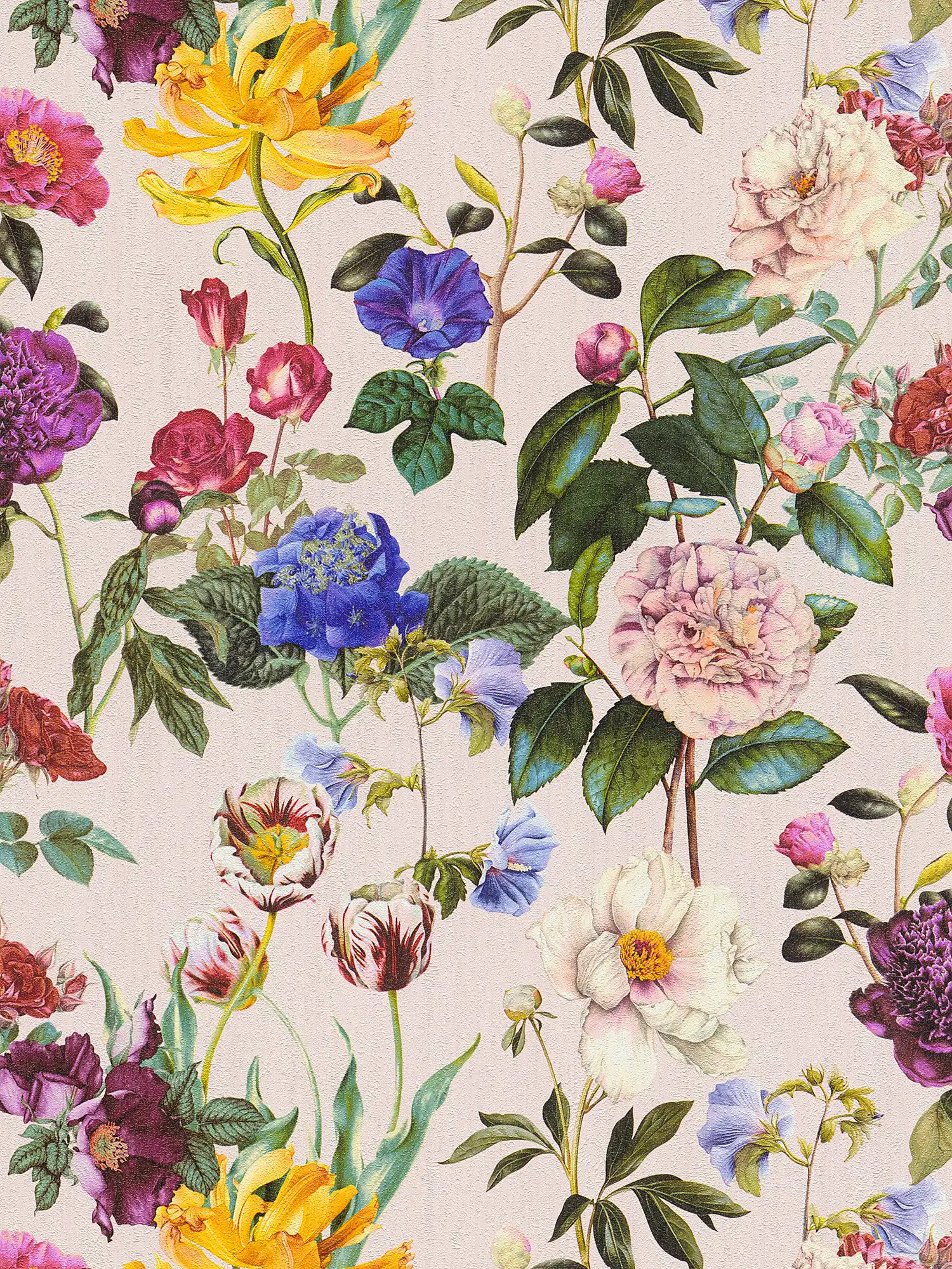         Blüten-Tapete mit Blumen in leuchtenden Farben – Bunt, Grün, Rosa
    