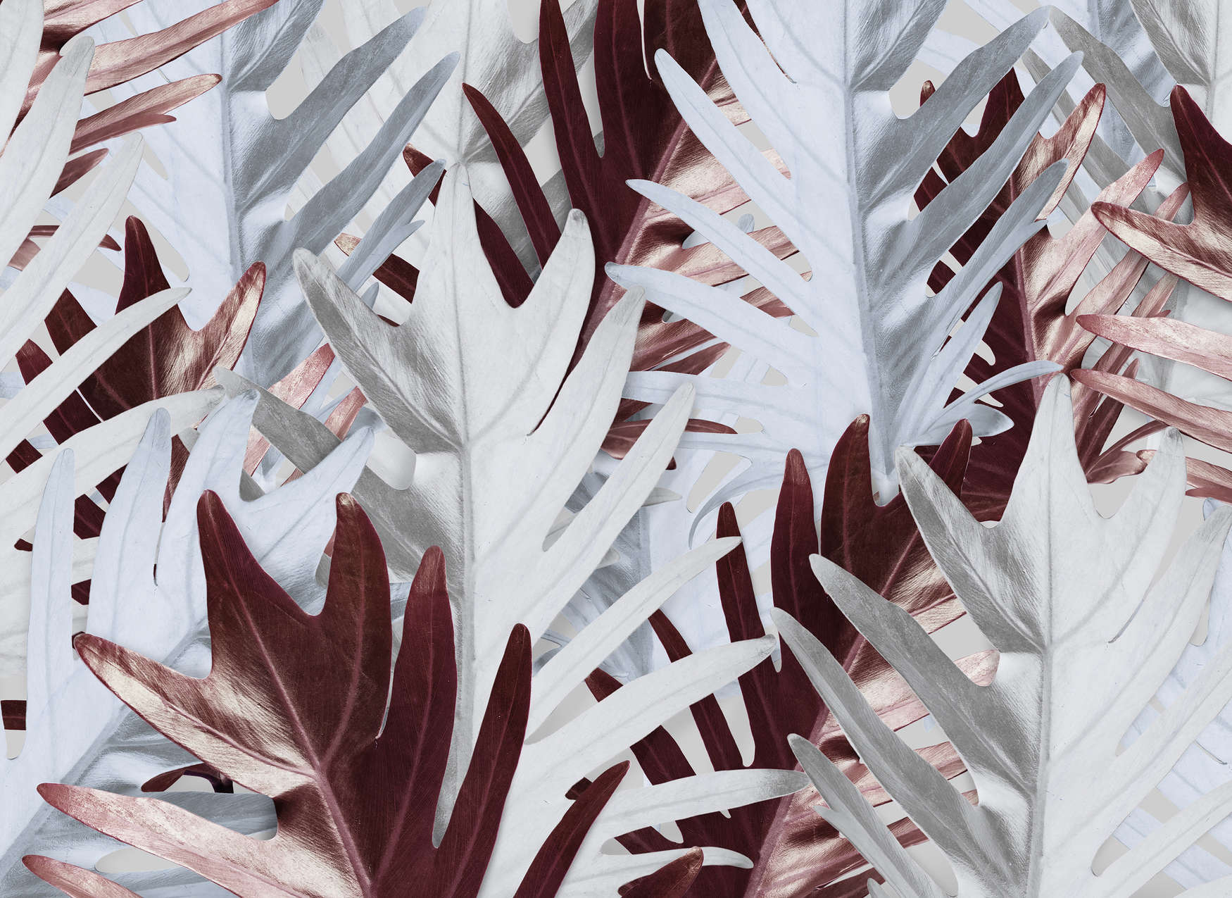             Fototapete mit Dschungelblättern in sanften Farbtönen – Rot, Weiß
        