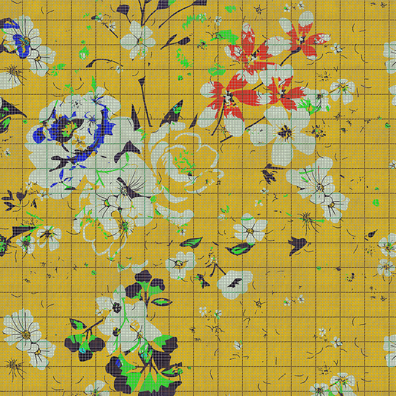 Flower plaid 1 - Fototapete buntes Blumenmosaik Gelb mit karierter Optik – Blau, Gelb | Perlmutt Glattvlies
