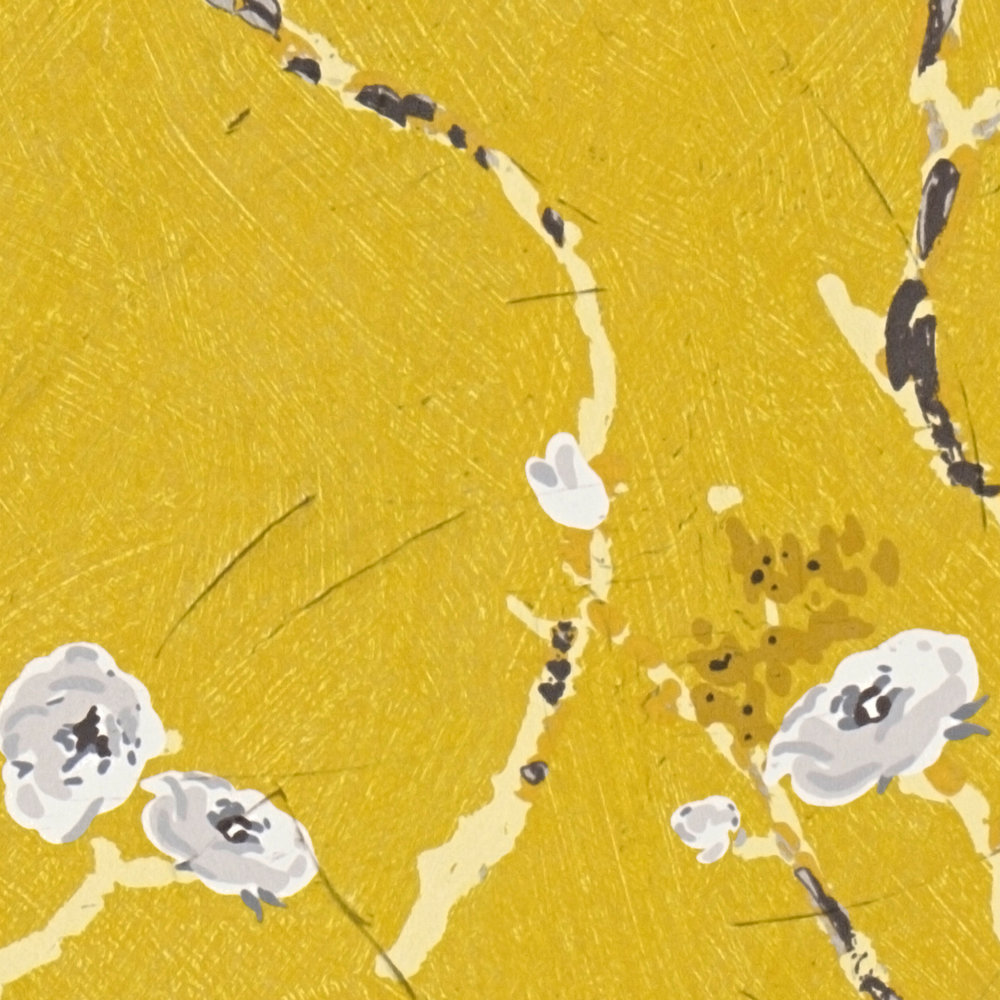             Gelbe Tapete mit blühenden Zweigen im Zeichenstil
        
