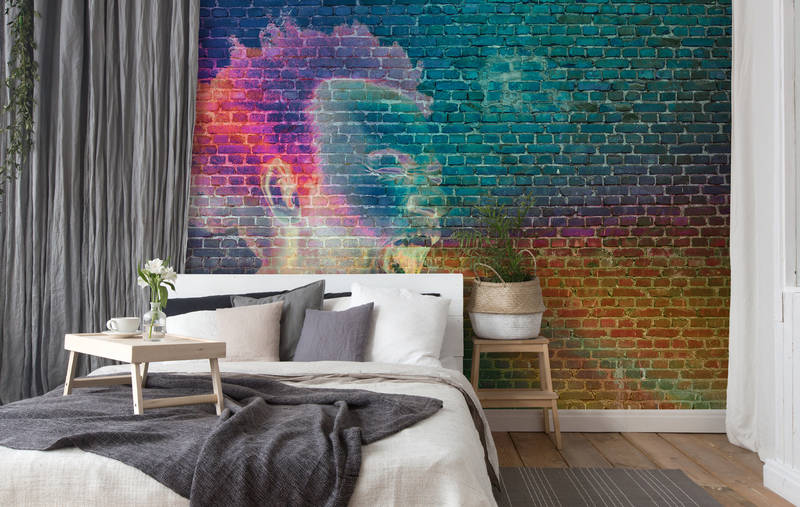             Fototapete Mauer mit Graffiti-Design für Jugendzimmer – Blau, Gelb, Orange
        