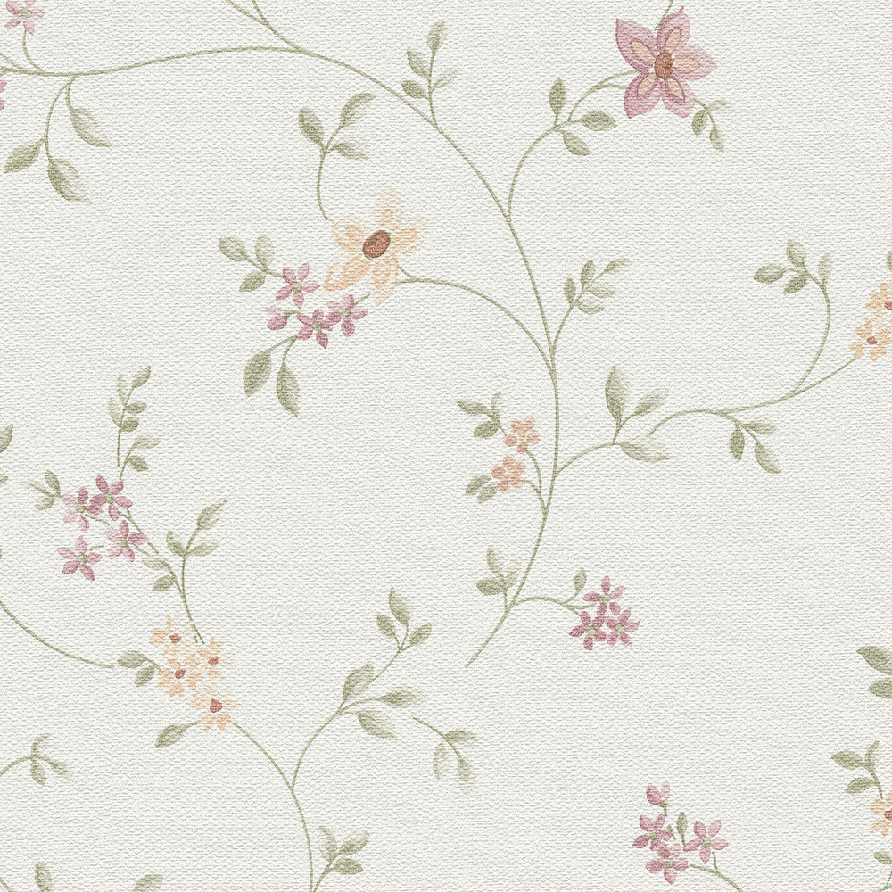             Tapete mit Blüten Muster im Landhaus Stil – Bunt, Grün, Weiß
        