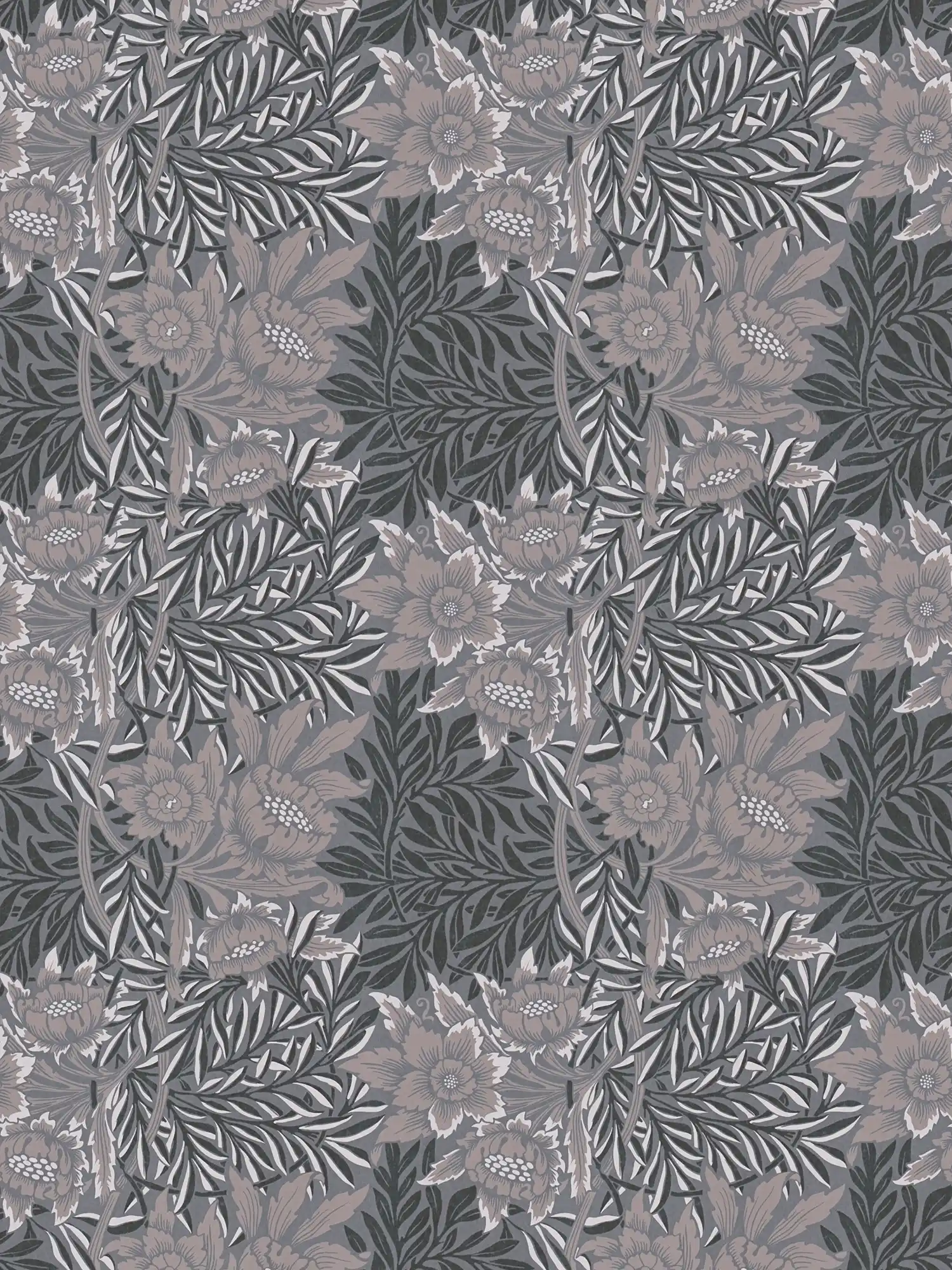Florale Tapete mit großer Blüte und Blätterranken – Grau, Beige, Schwarz
