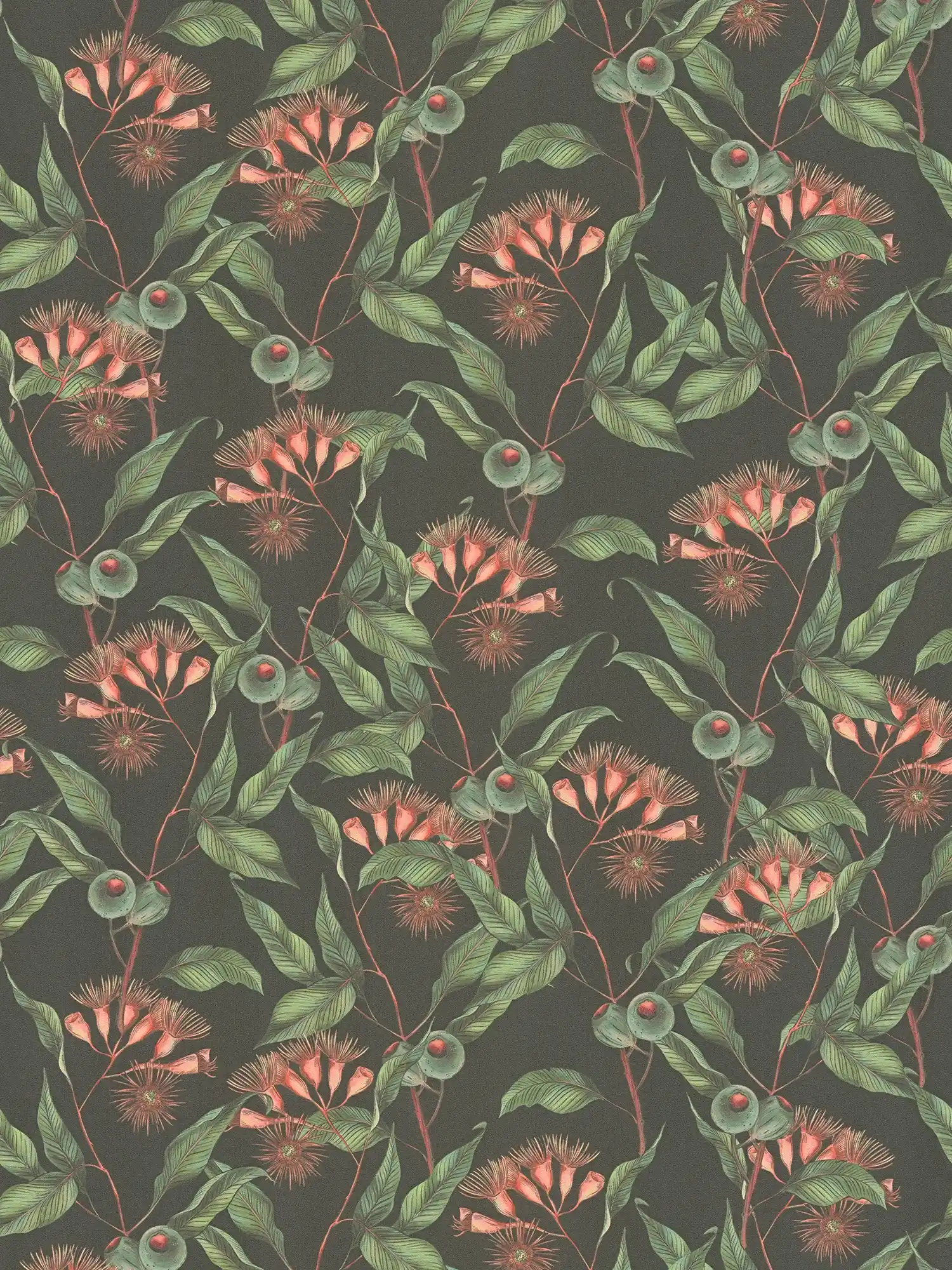 Florale Tapete modern mit Blättern & Blüten strukturiert matt – Schwarz, Grün, Rot

