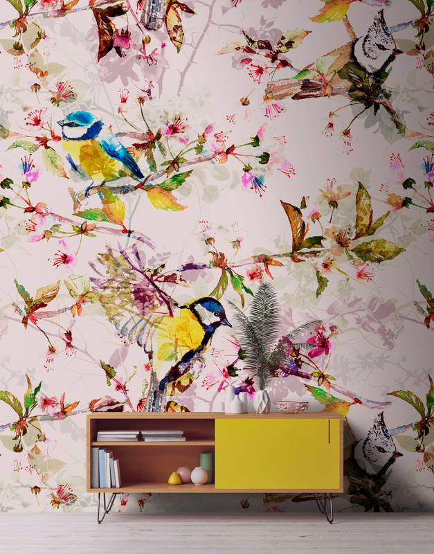             Vögel Fototapete im Collage Stil – Rosa, Gelb
        